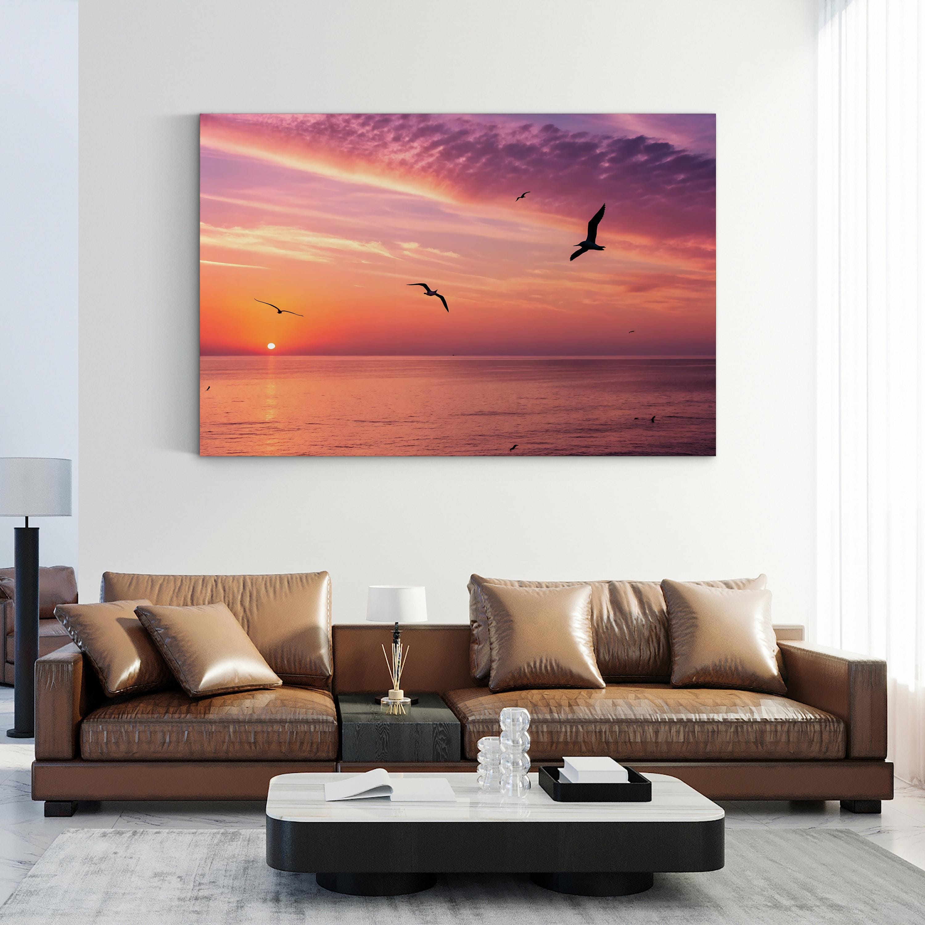 Pelicans in a Line Coastal Canvas Wall Art | Ocean Sunset Photography Print