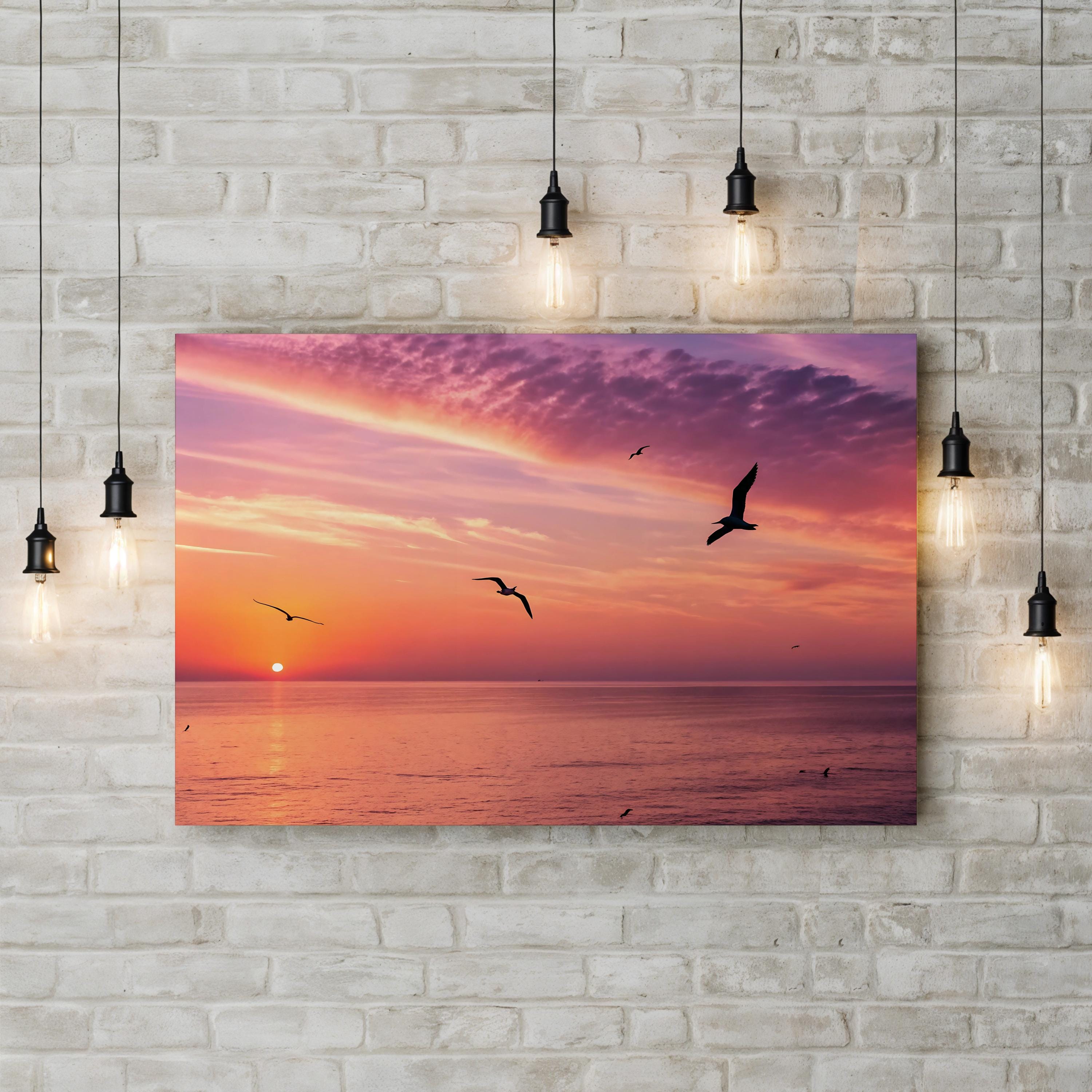 Pelicans in a Line Coastal Canvas Wall Art | Ocean Sunset Photography Print