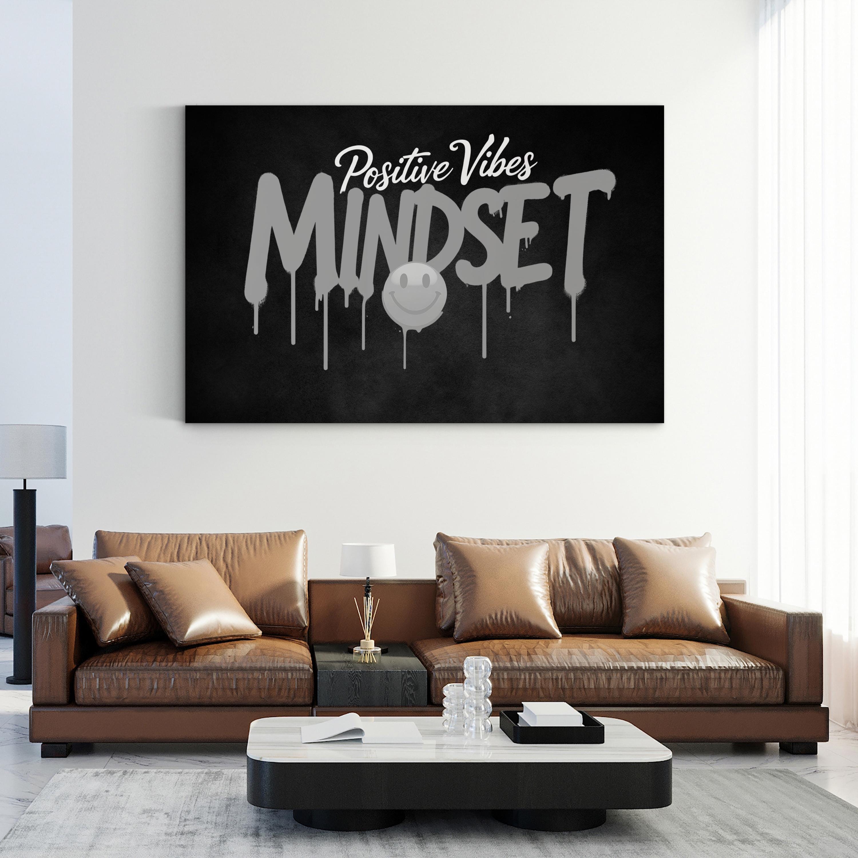 Positive Vibes Mindset IV Typography Canvas Art Print – Black and White Drip Design