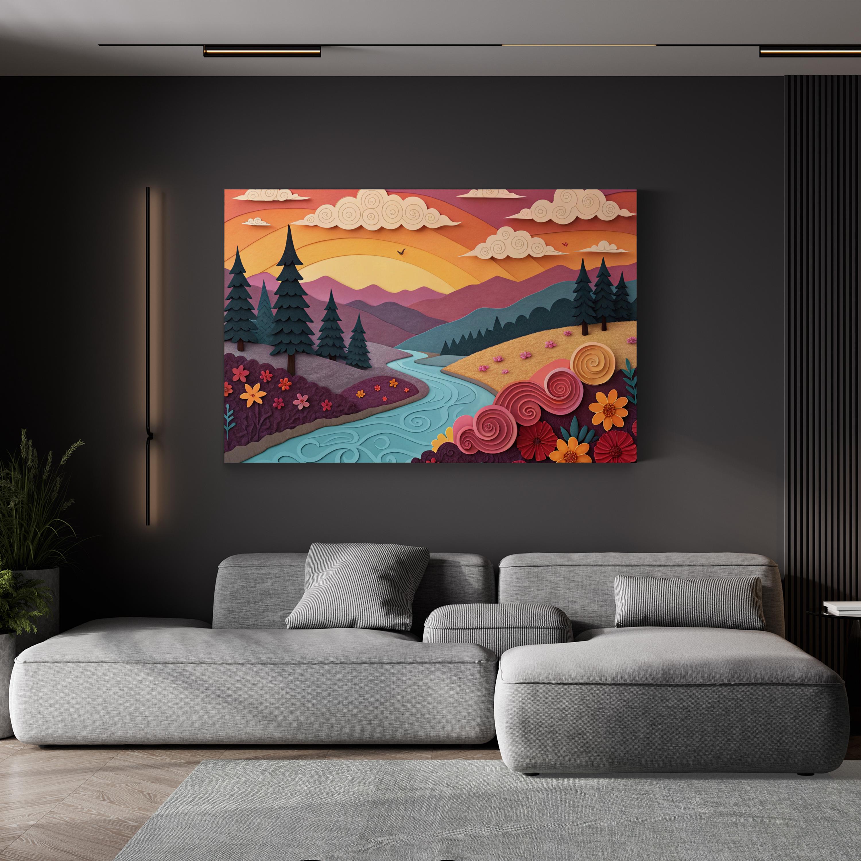 River Sunset Landscape – Period Illustration Wall Art | Vibrant Nature Canvas Print