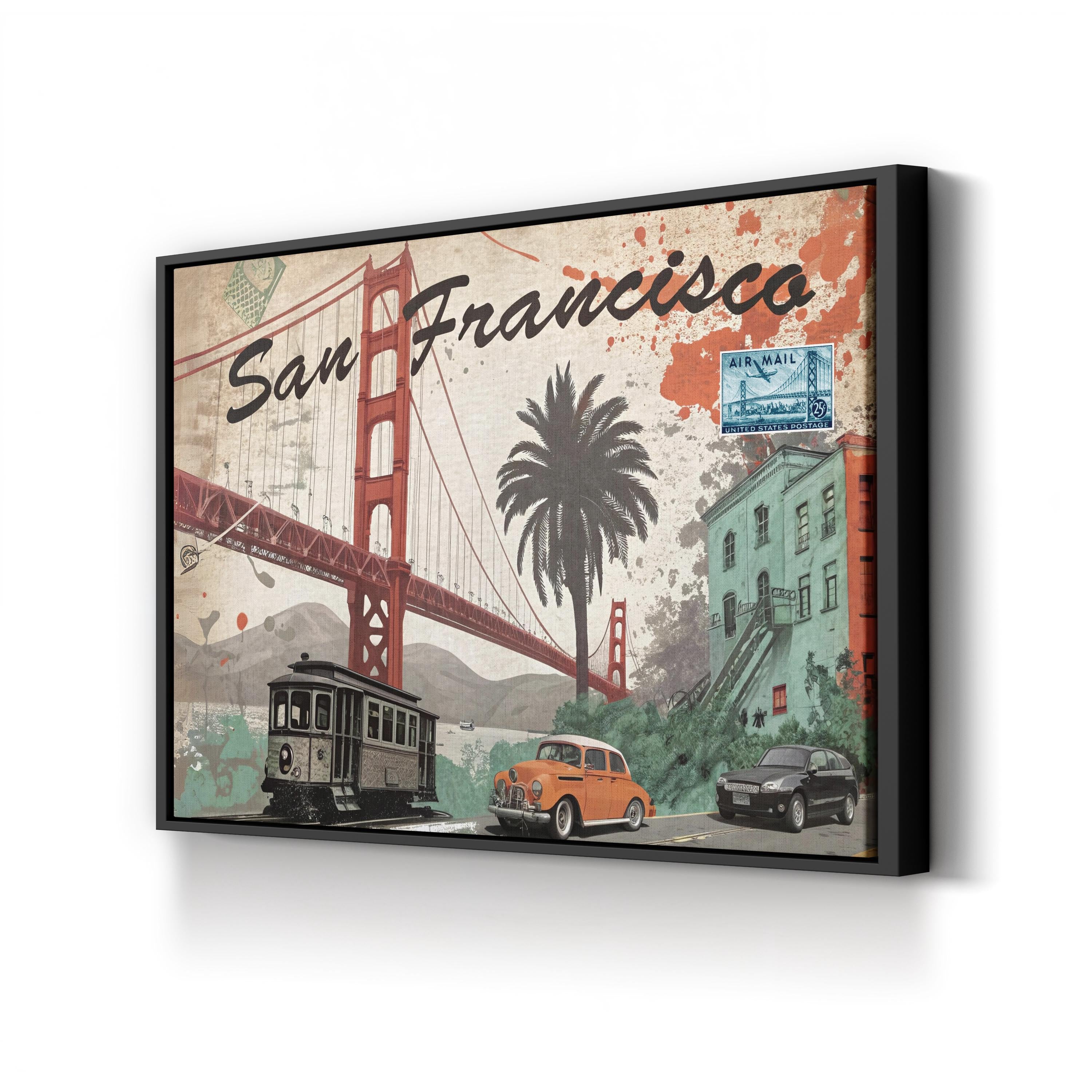 Golden Gate Travel Collage – Period Illustration Wall Art | San Francisco Canvas Print