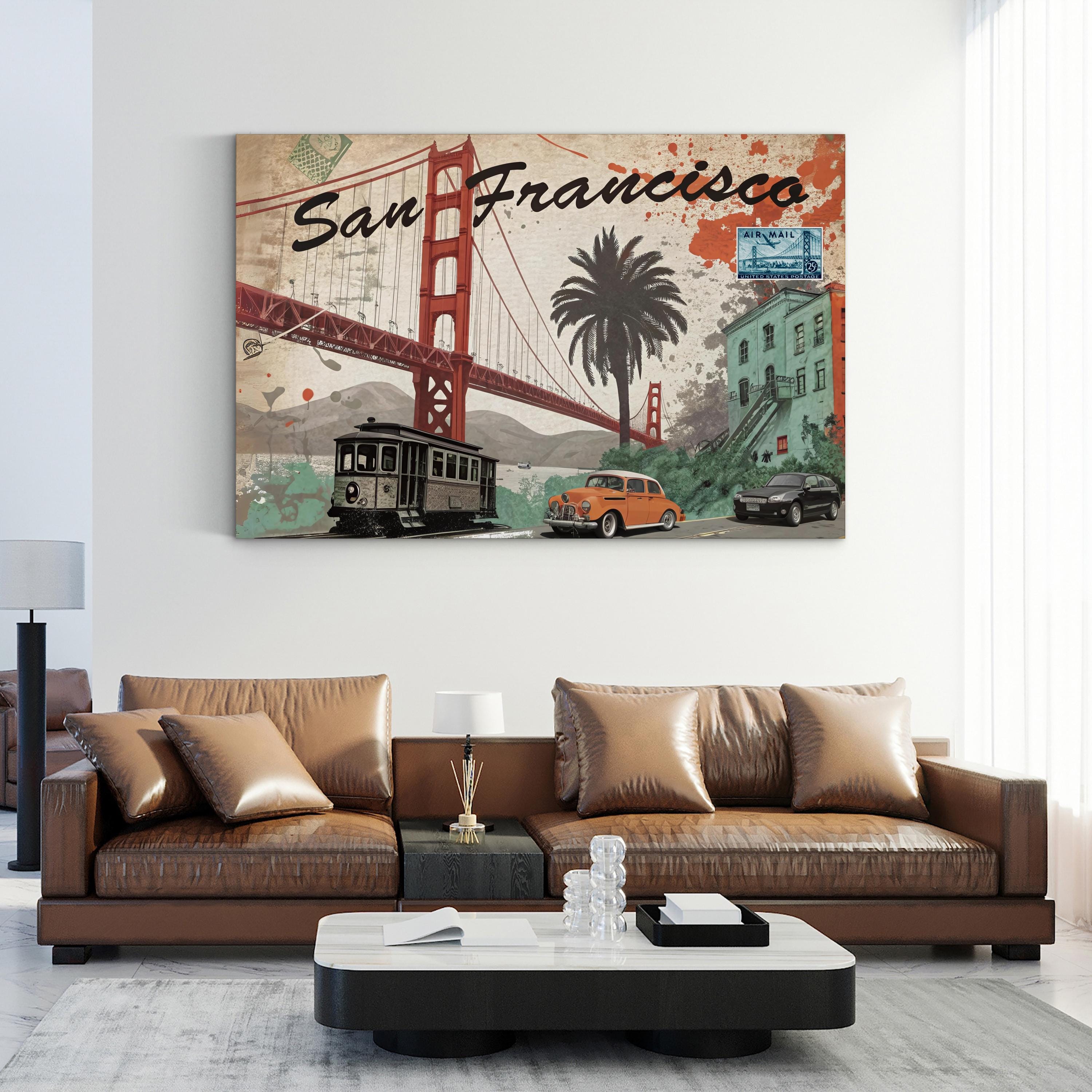 Golden Gate Travel Collage – Period Illustration Wall Art | San Francisco Canvas Print