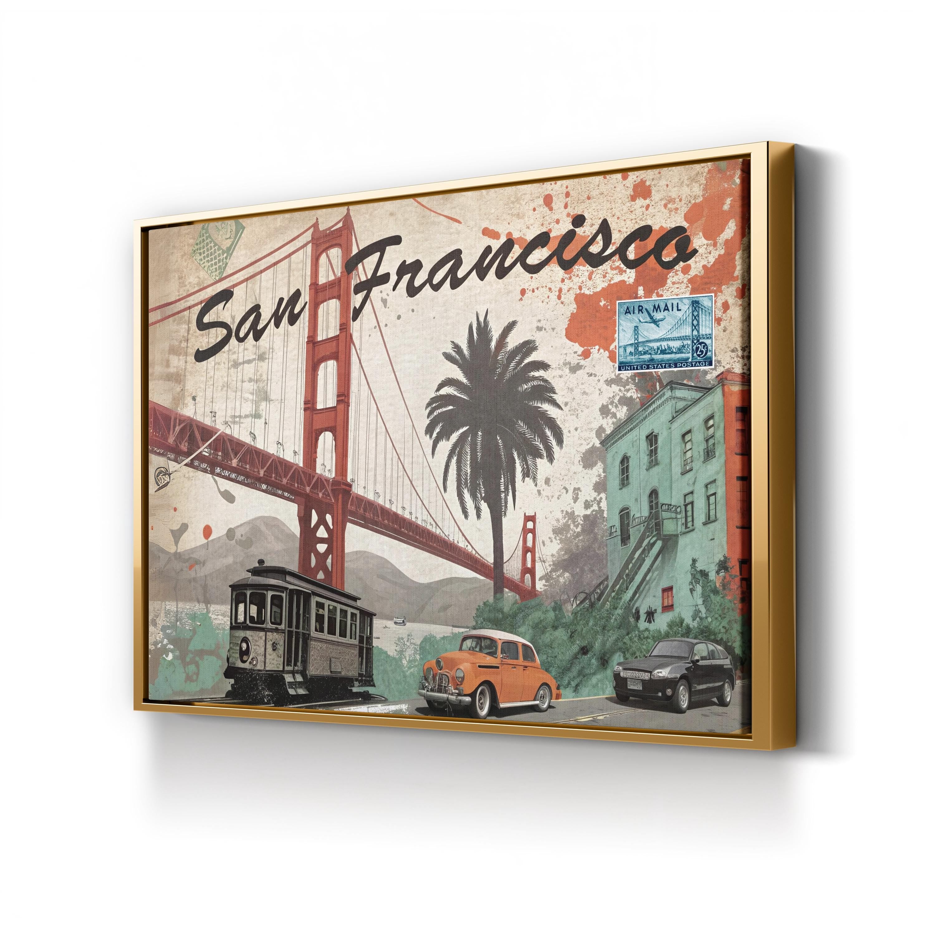 Golden Gate Travel Collage – Period Illustration Wall Art | San Francisco Canvas Print