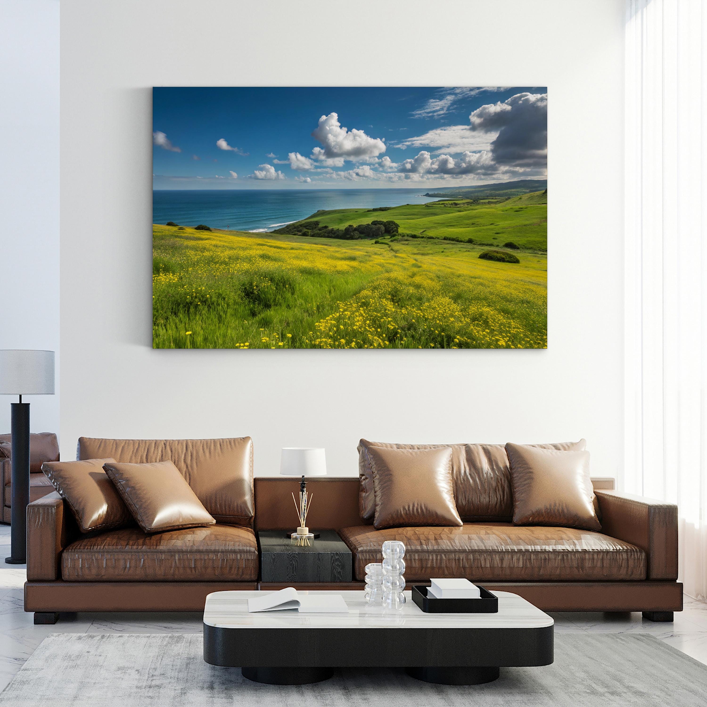 Coastal Landscape Canvas Print — Green Hills and Yellow Wildflowers