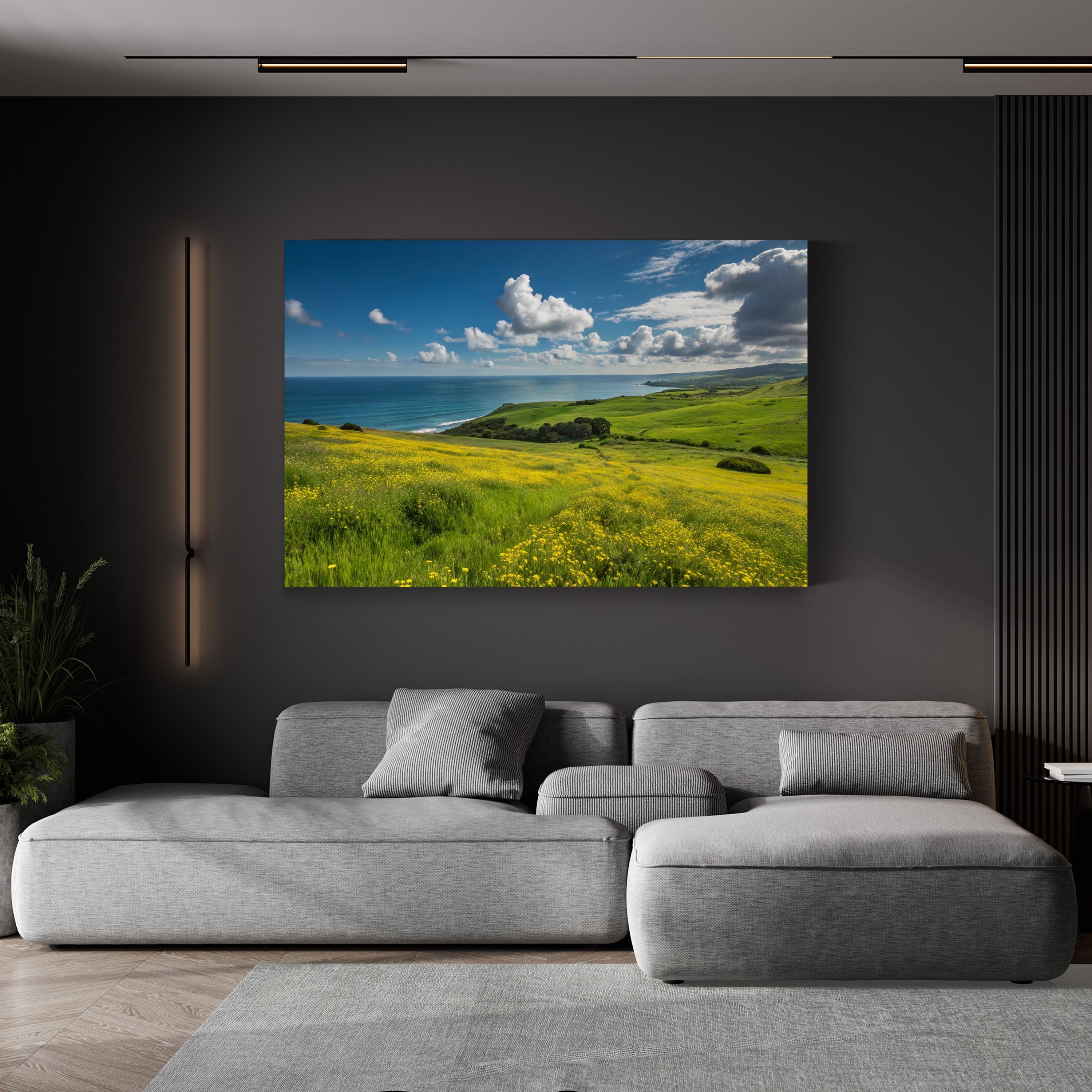 Coastal Landscape Canvas Print — Green Hills and Yellow Wildflowers