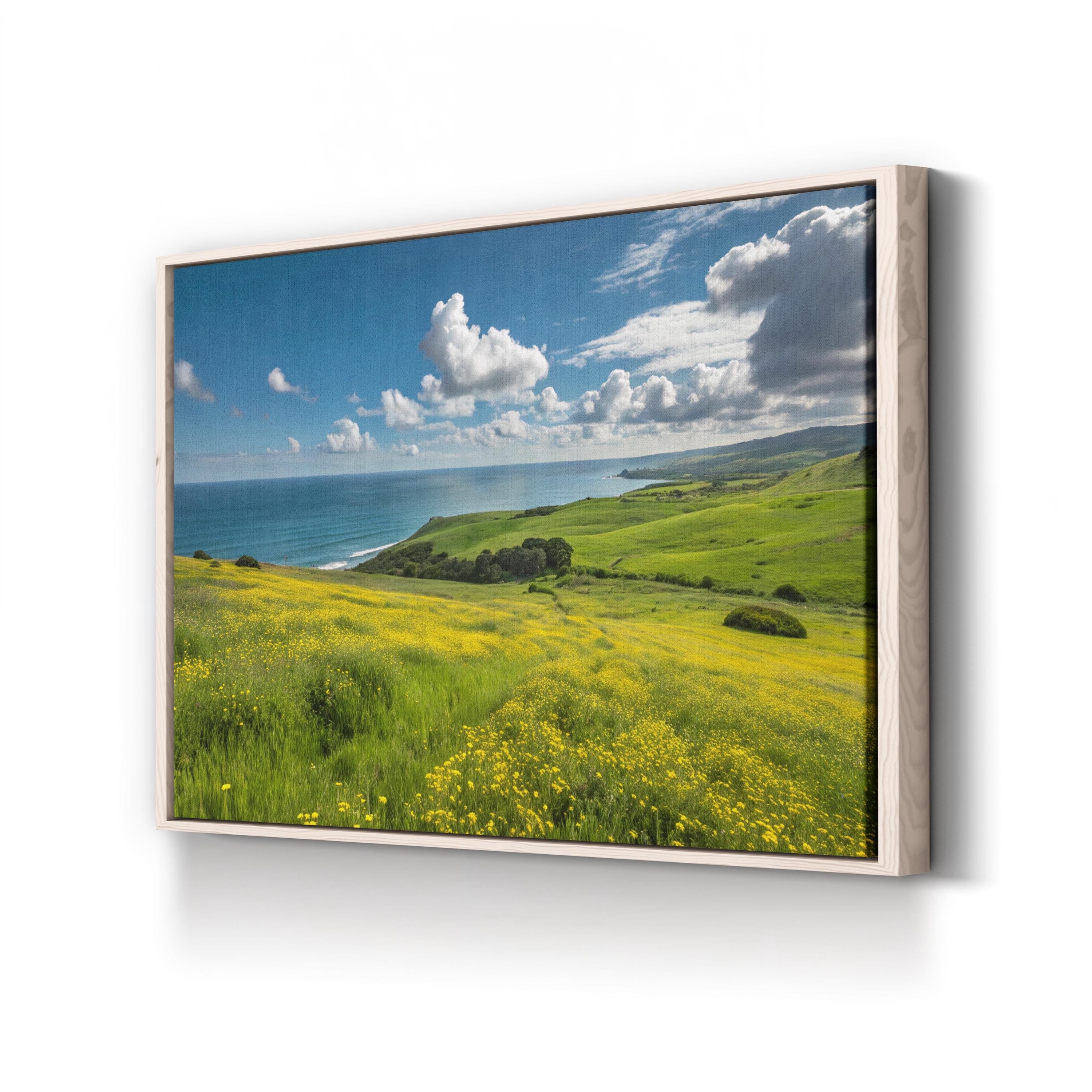Coastal Landscape Canvas Print — Green Hills and Yellow Wildflowers