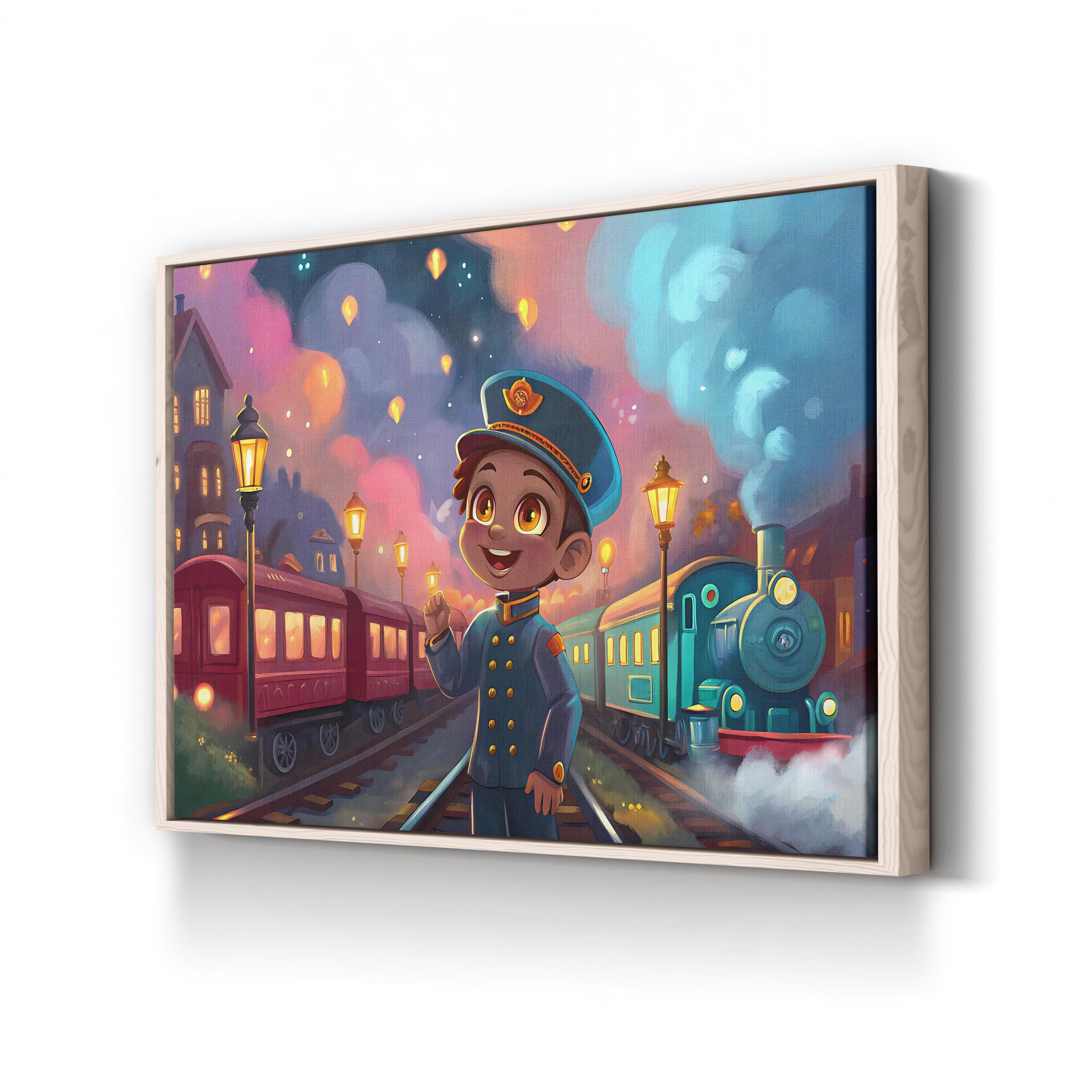 Retro Futuristic Train – Period Illustration Wall Art | Starry Night Railway Canvas Print