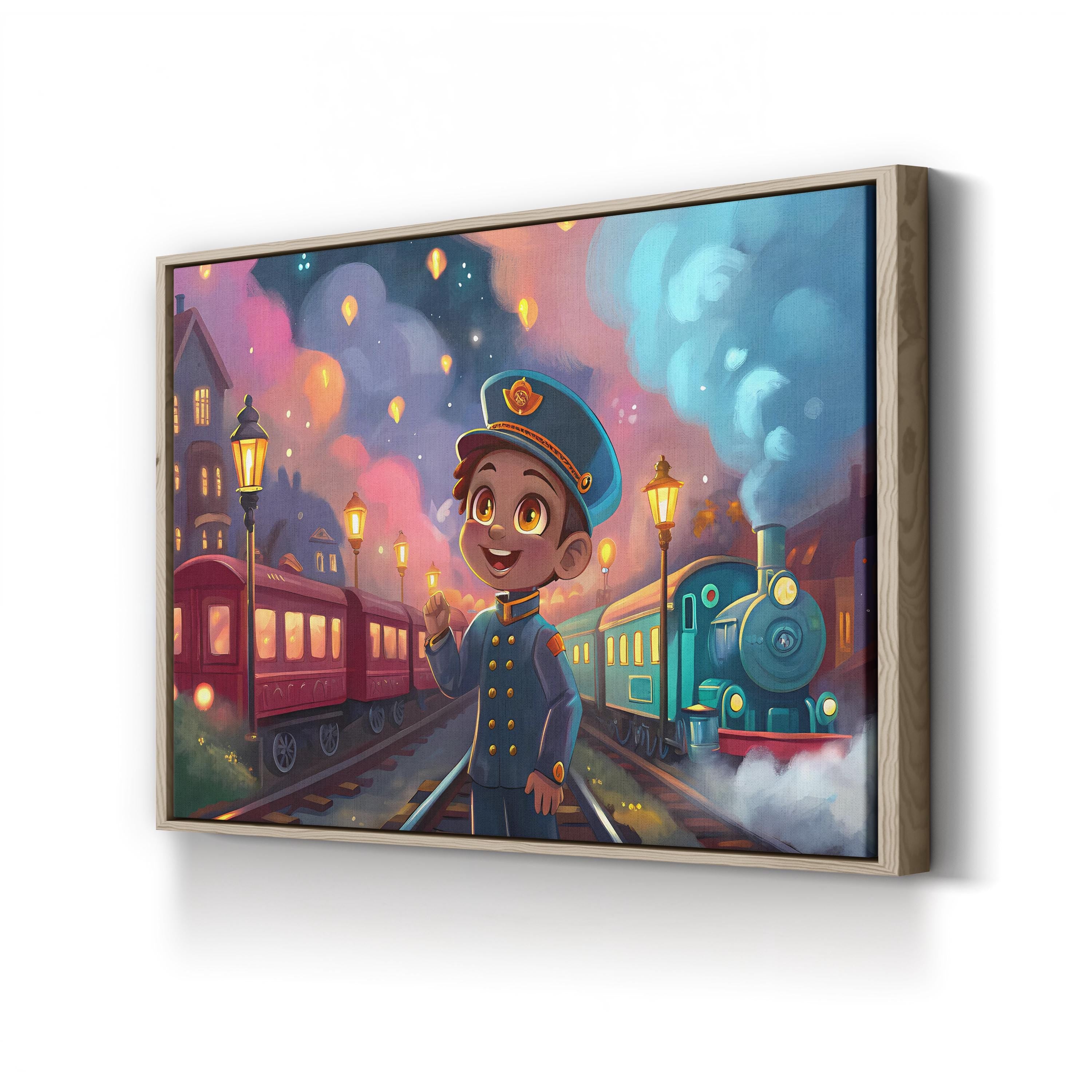 Retro Futuristic Train – Period Illustration Wall Art | Starry Night Railway Canvas Print