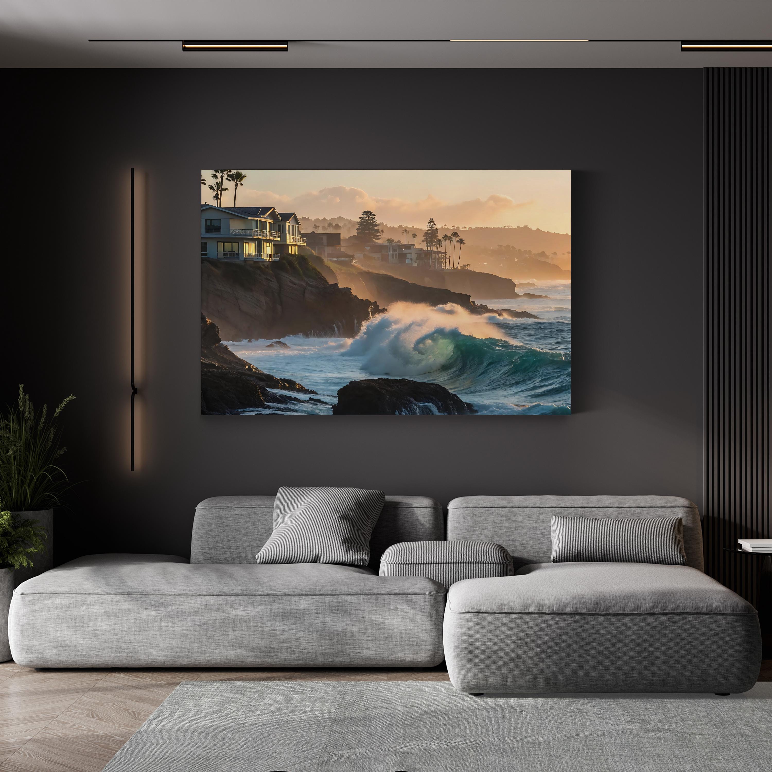Ocean Waves Breaking Along Rugged Shoreline Canvas Art
