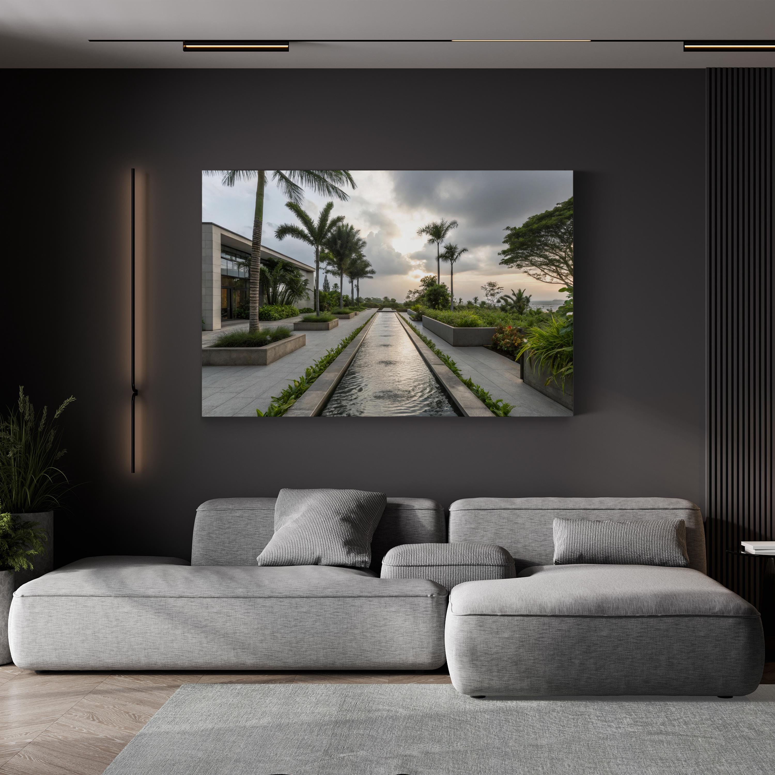 Tropical Fountain Water Feature – Period Illustration Wall Art | Modern Landscape Canvas Print