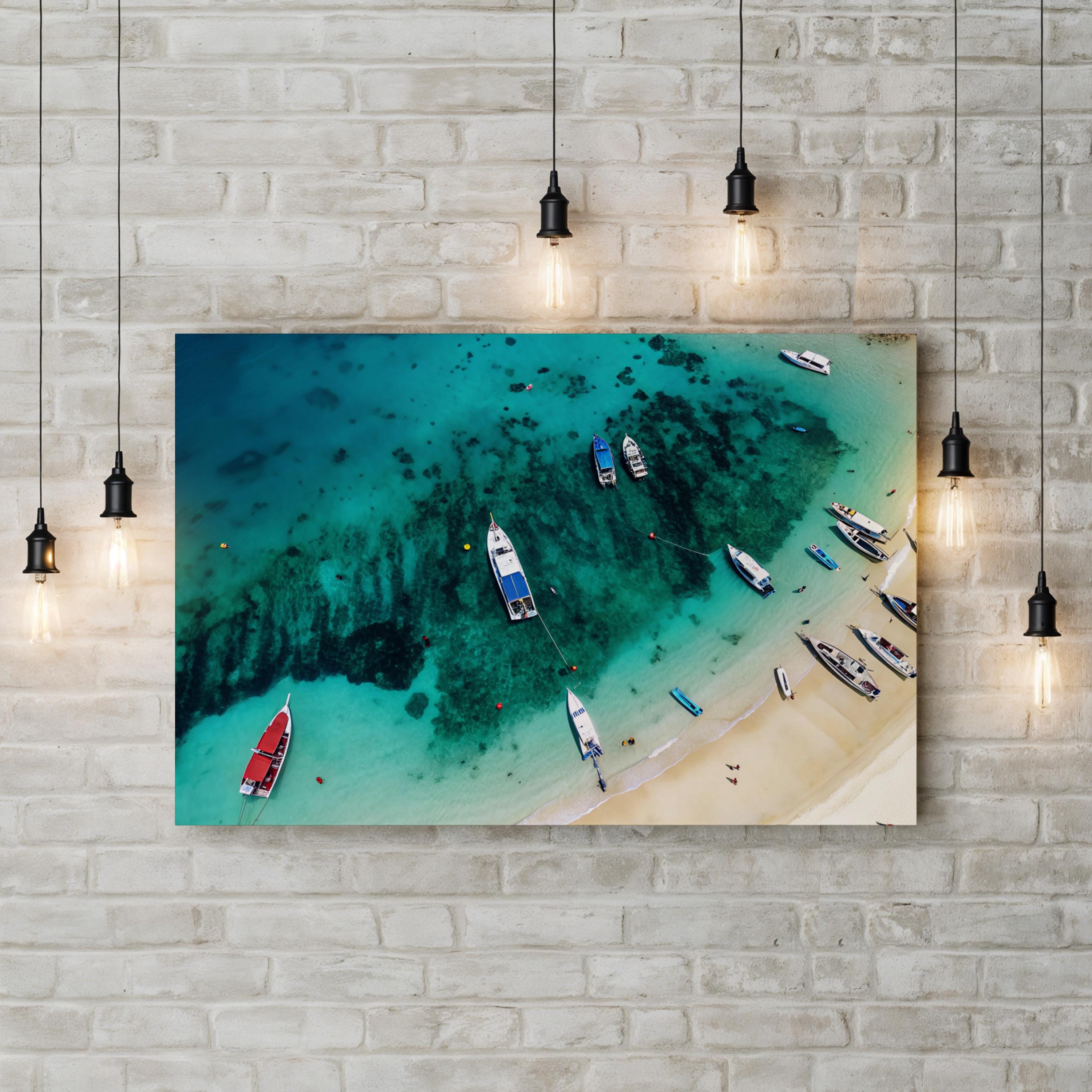 Red Boat Aerial Canvas Wall Art — Turquoise Coastal Ocean Photography Print