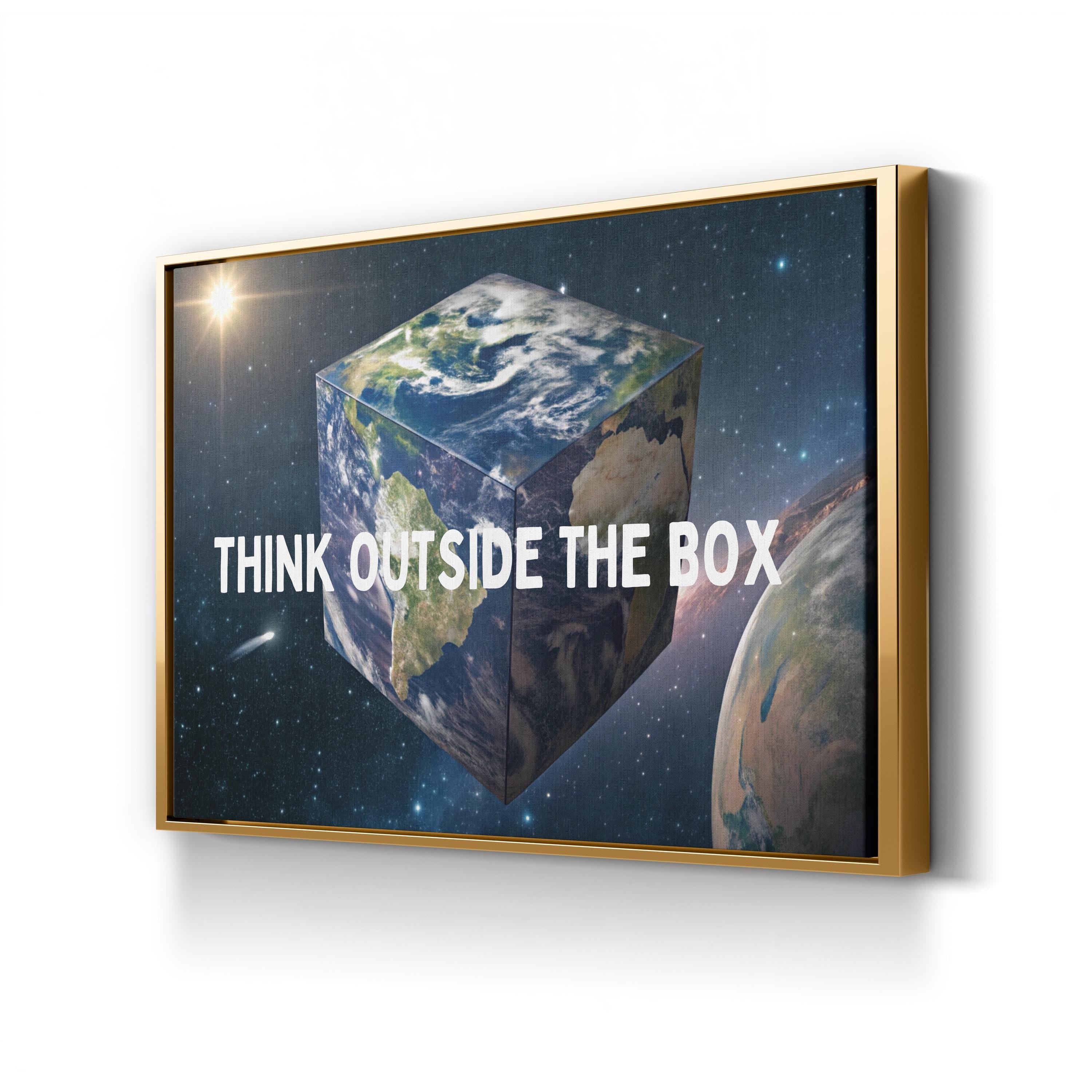Motivational Earth Cube Wall Art | “Think Outside the Box” Galaxy Conceptual Canvas Print