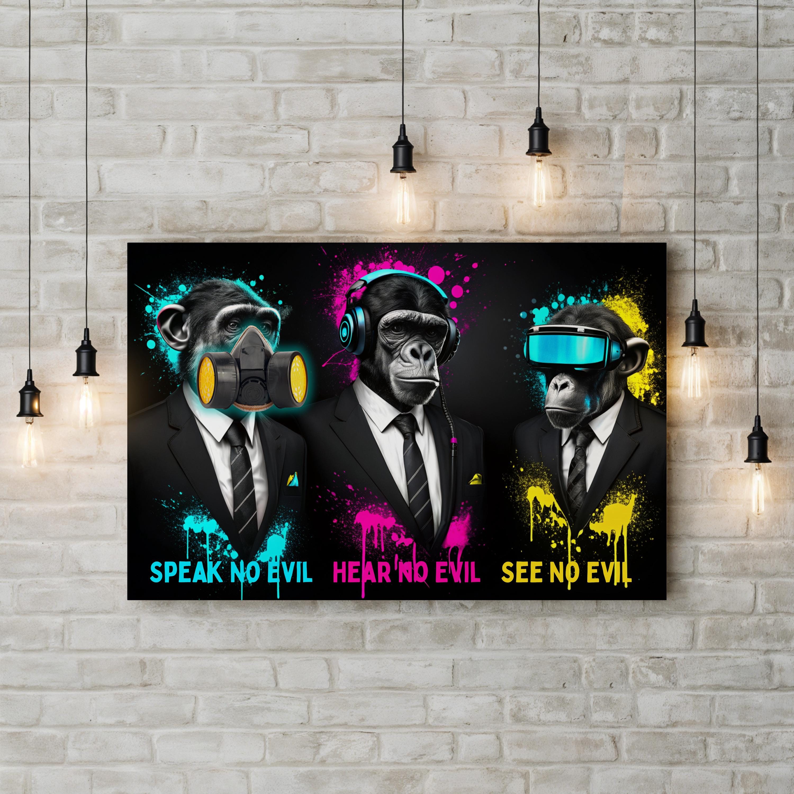Three Wise Monkeys Pop Art Canvas – Dark Contemporary Panorama Wall Art