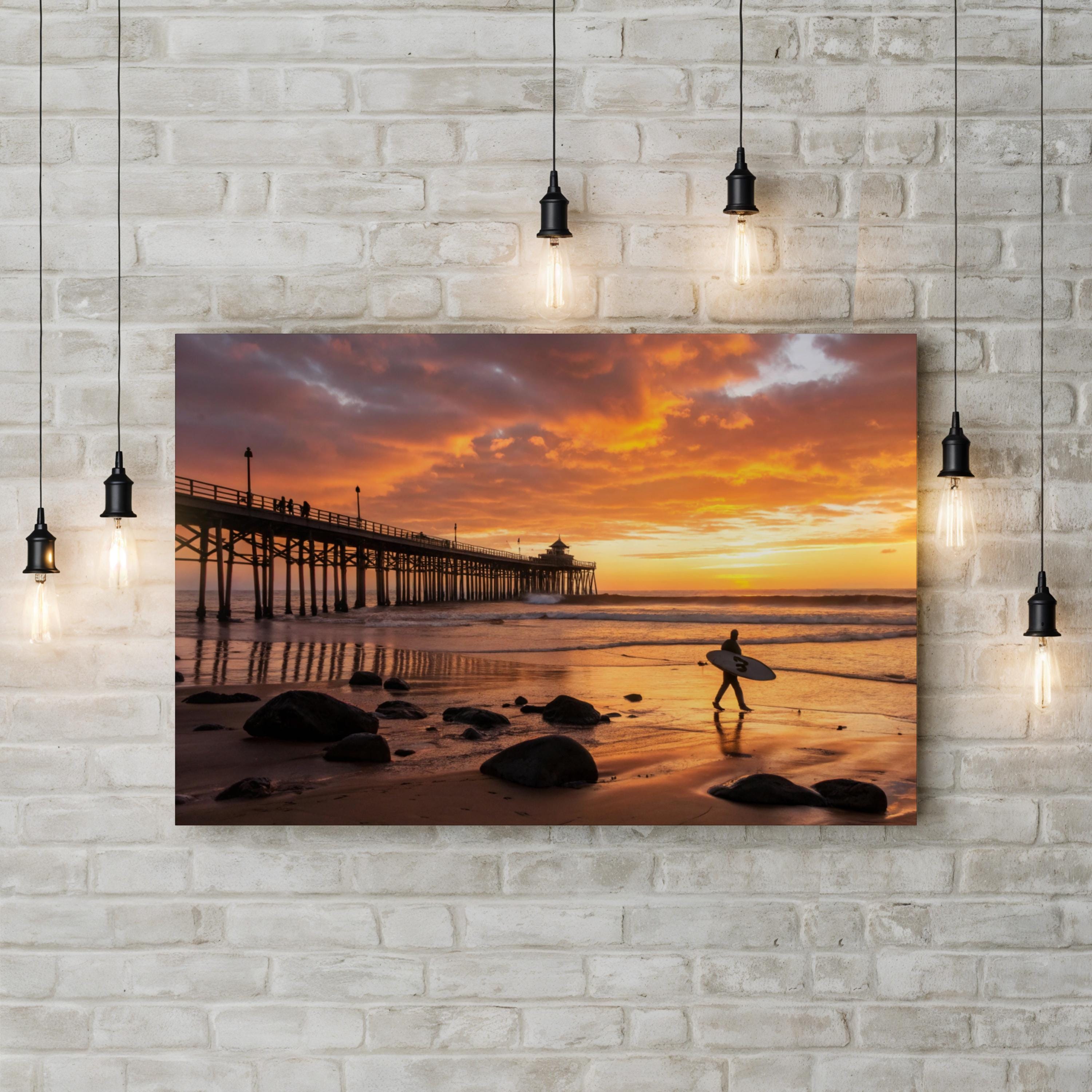 Huntington Beach Pier Sunset, Huntington Beach, California Canvas Art: Surfer Silhouette Coastal Photography