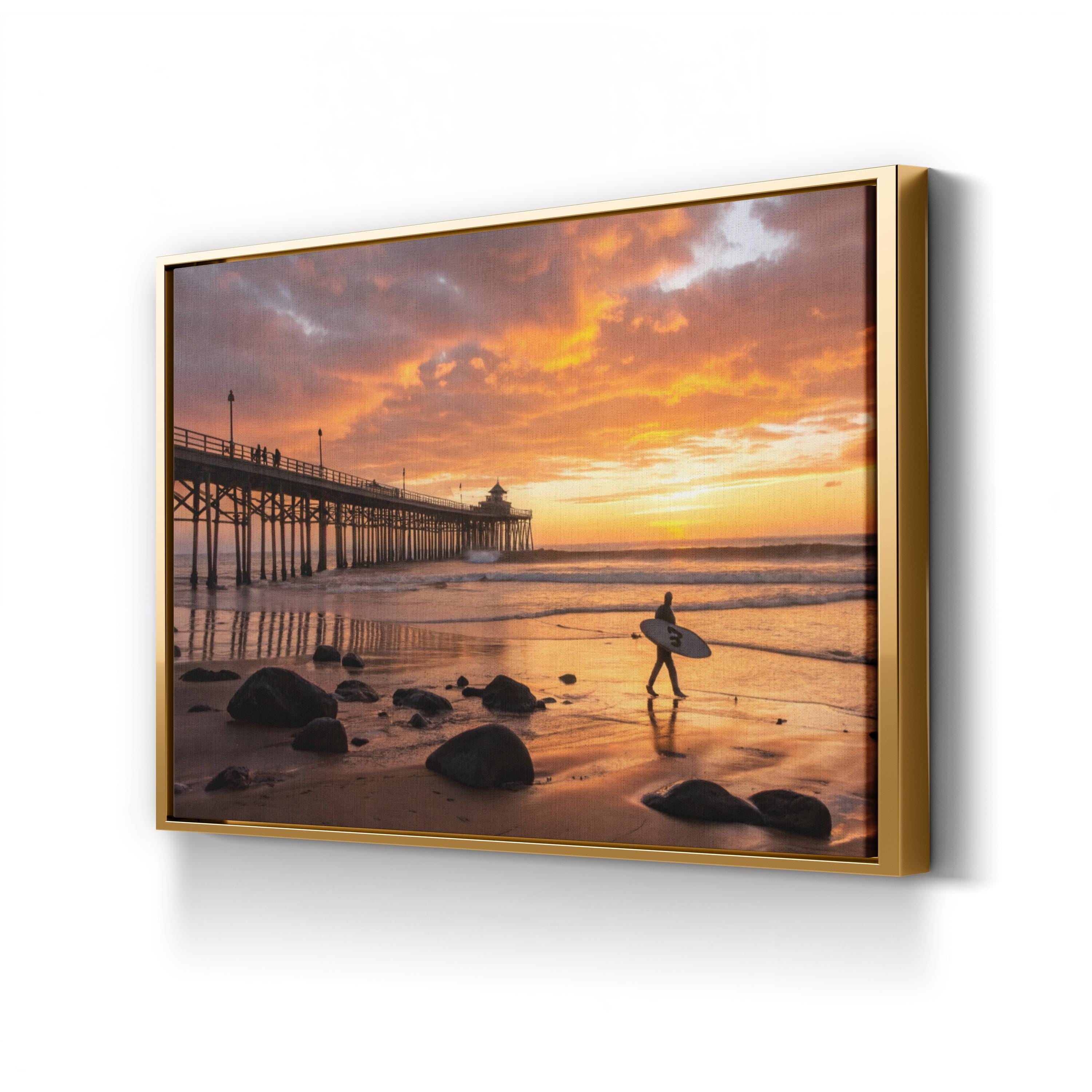 Huntington Beach Pier Sunset, Huntington Beach, California Canvas Art: Surfer Silhouette Coastal Photography