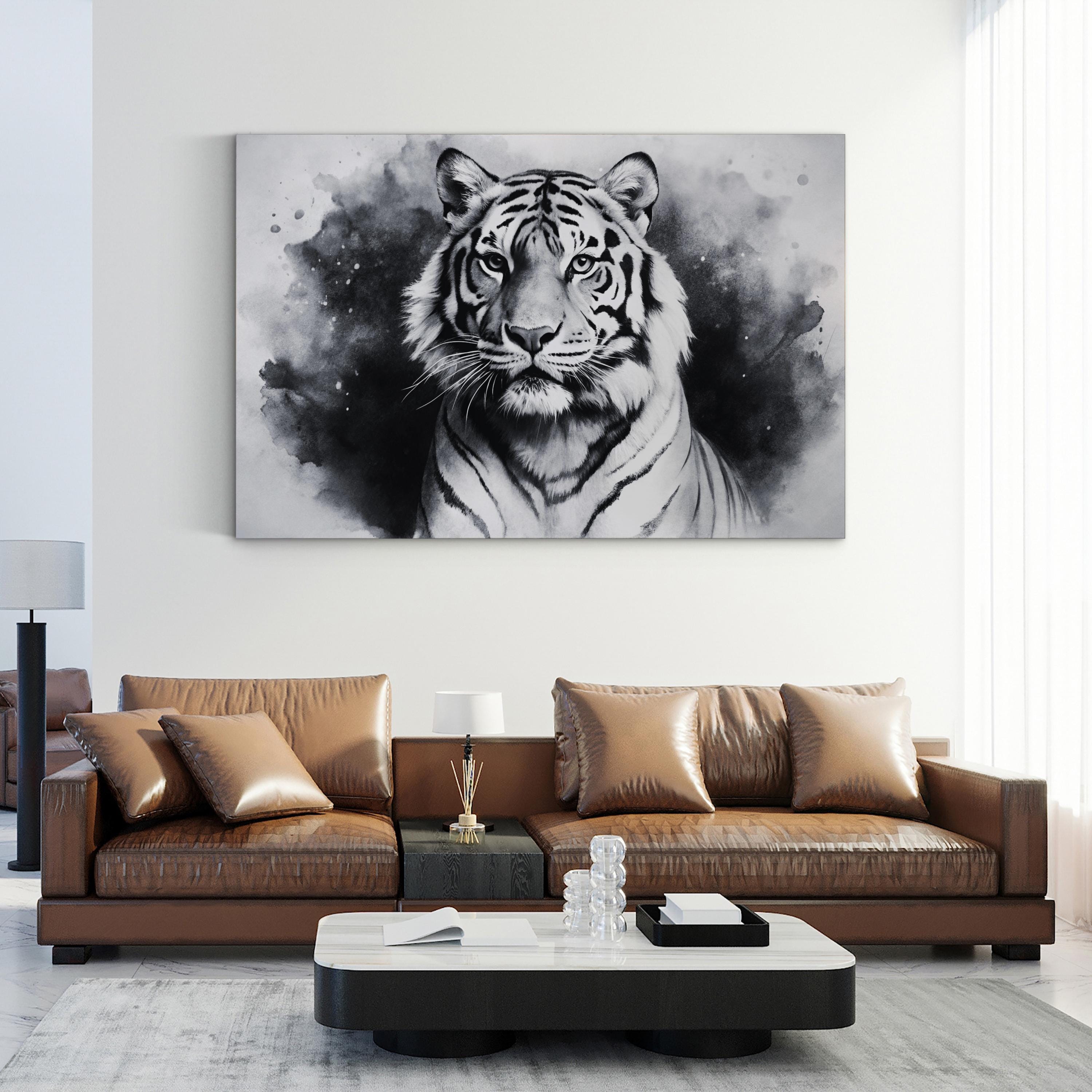 Black & White Tiger Portrait – Period Illustration Wall Art | Monochrome Wildlife Canvas Print
