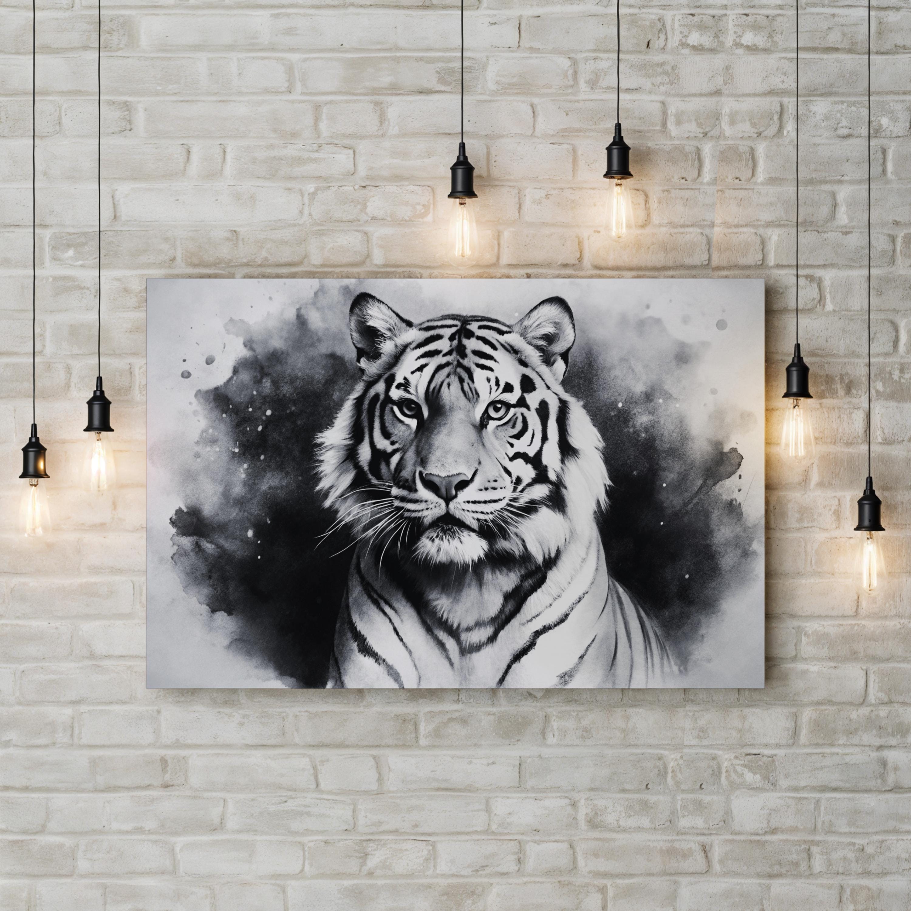 Black & White Tiger Portrait – Period Illustration Wall Art | Monochrome Wildlife Canvas Print