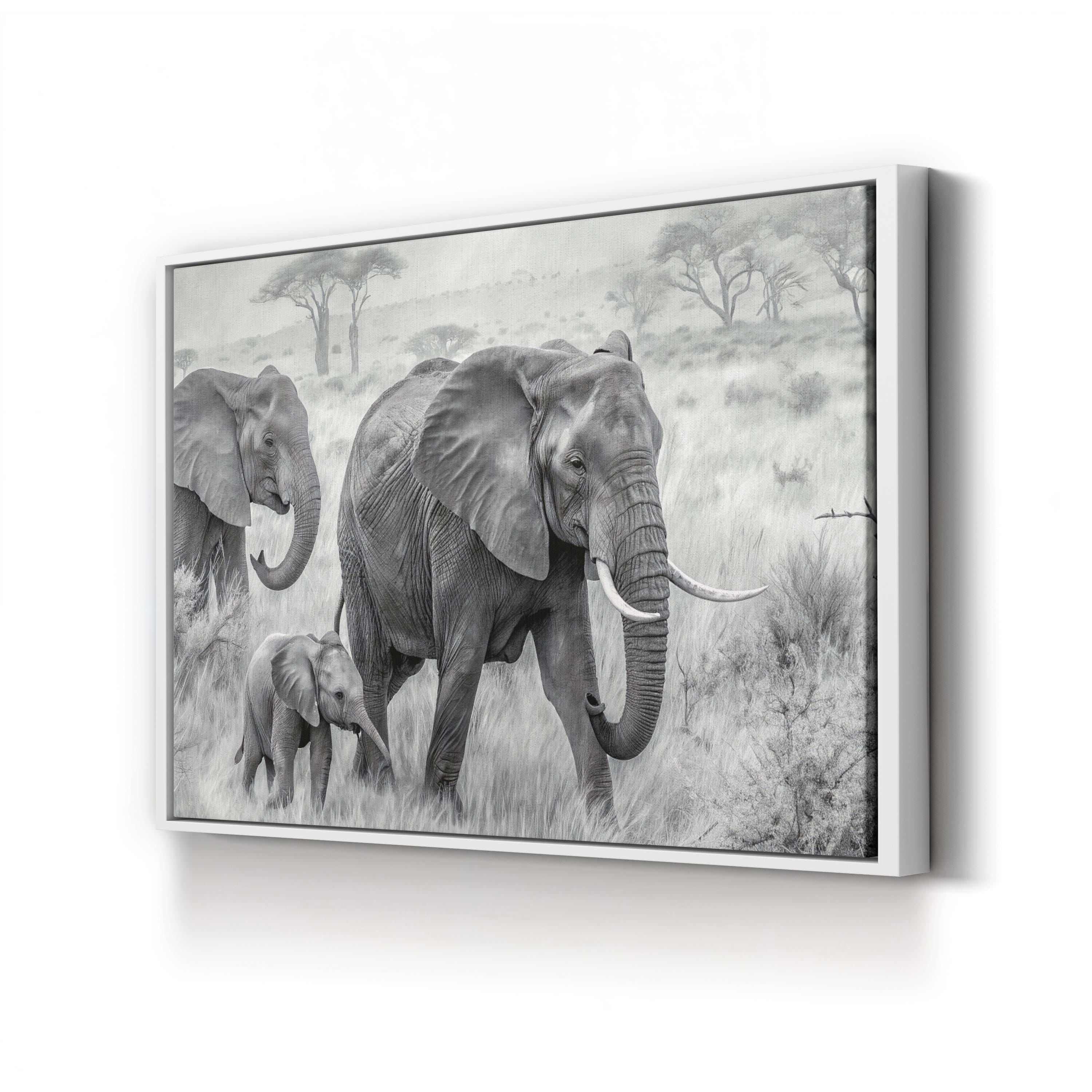 Elephant Family B&W Canvas – African Savannah Wildlife Wall Art