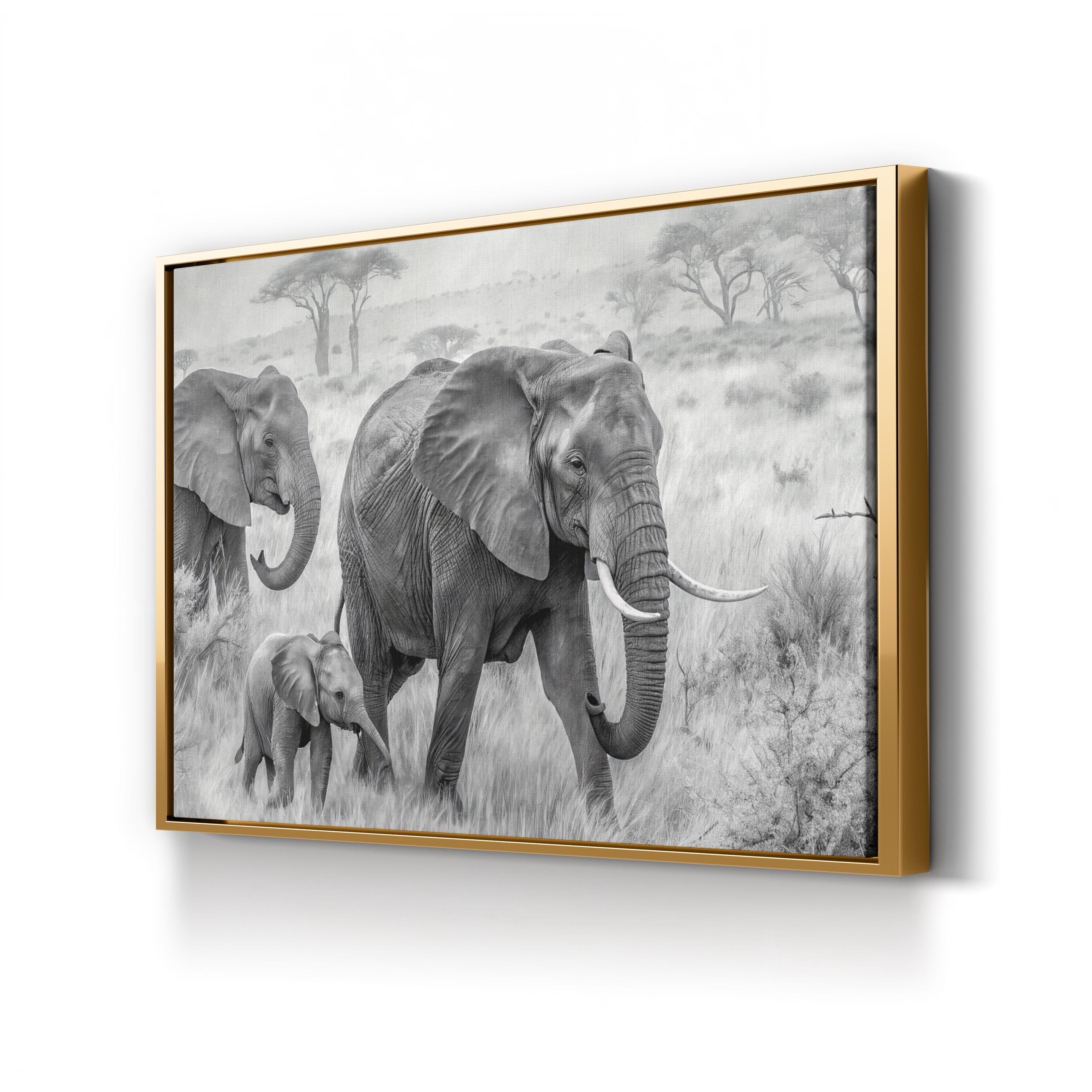 Elephant Family B&W Canvas – African Savannah Wildlife Wall Art