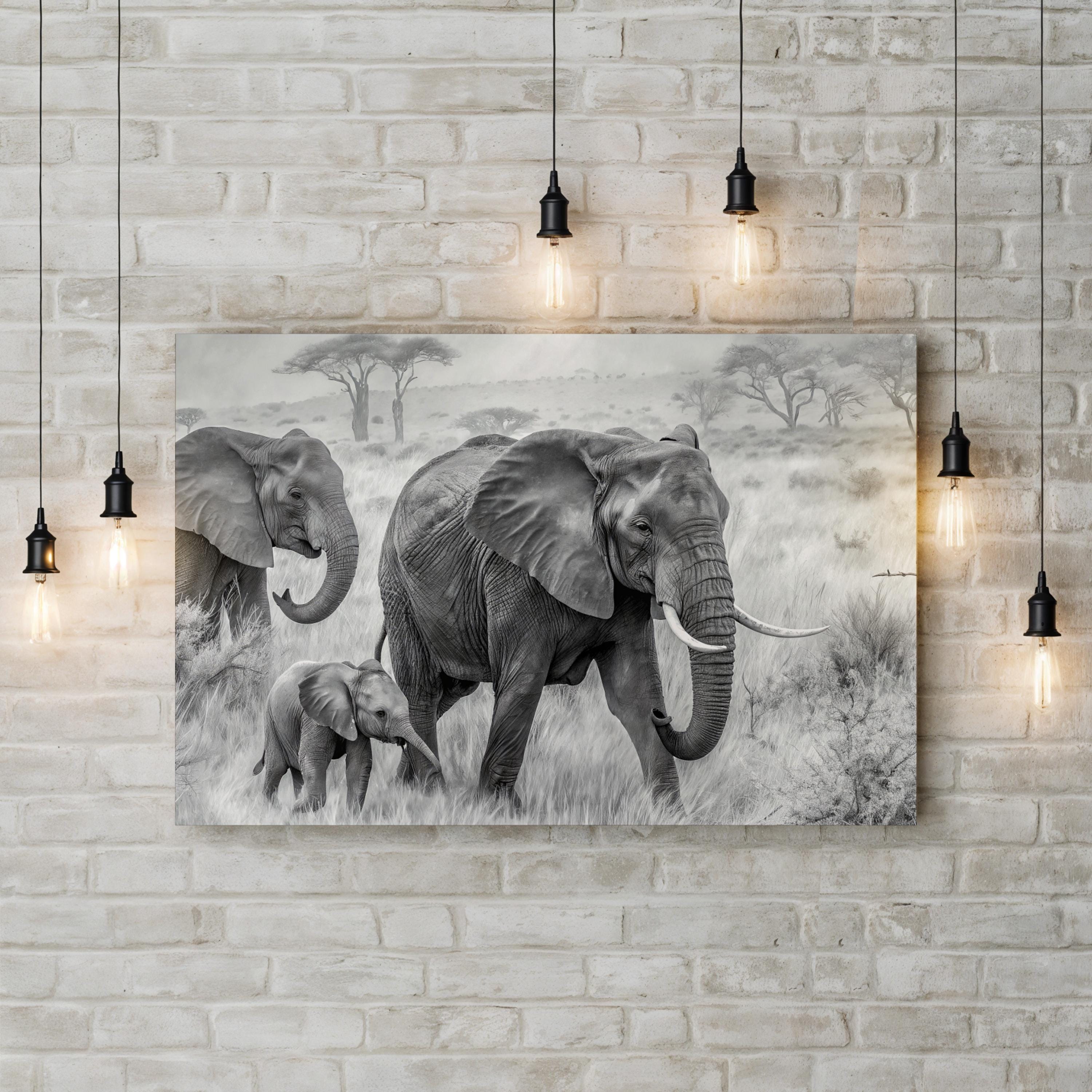Elephant Family B&W Canvas – African Savannah Wildlife Wall Art