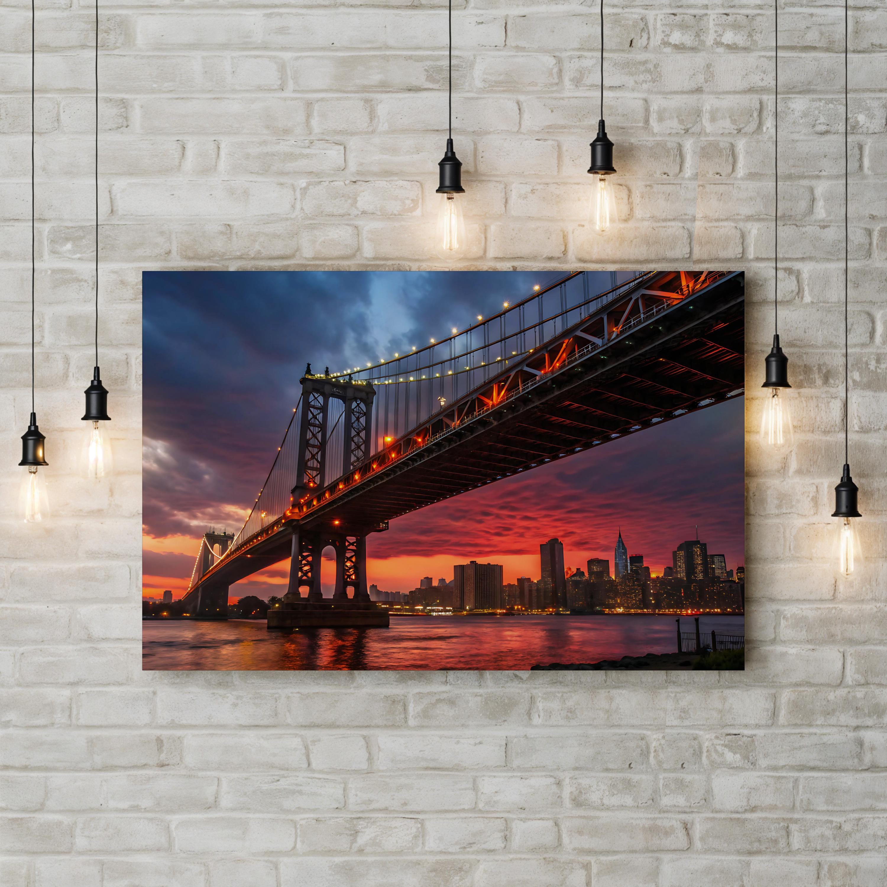 Manhattan Bridge Sunset — Manhattan Bridge & New York City Skyline Framed Canvas Wall Art