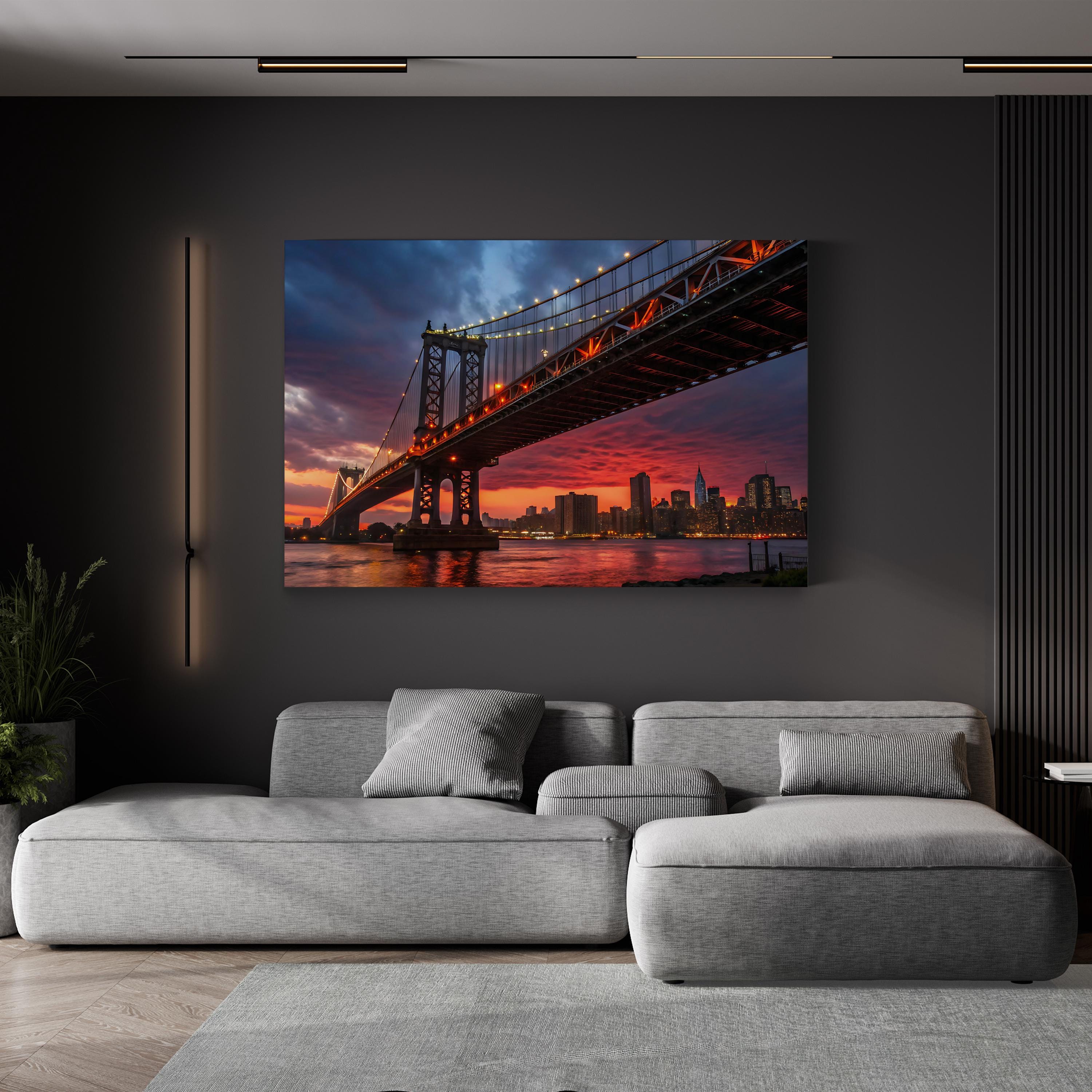 Manhattan Bridge Sunset — Manhattan Bridge & New York City Skyline Framed Canvas Wall Art