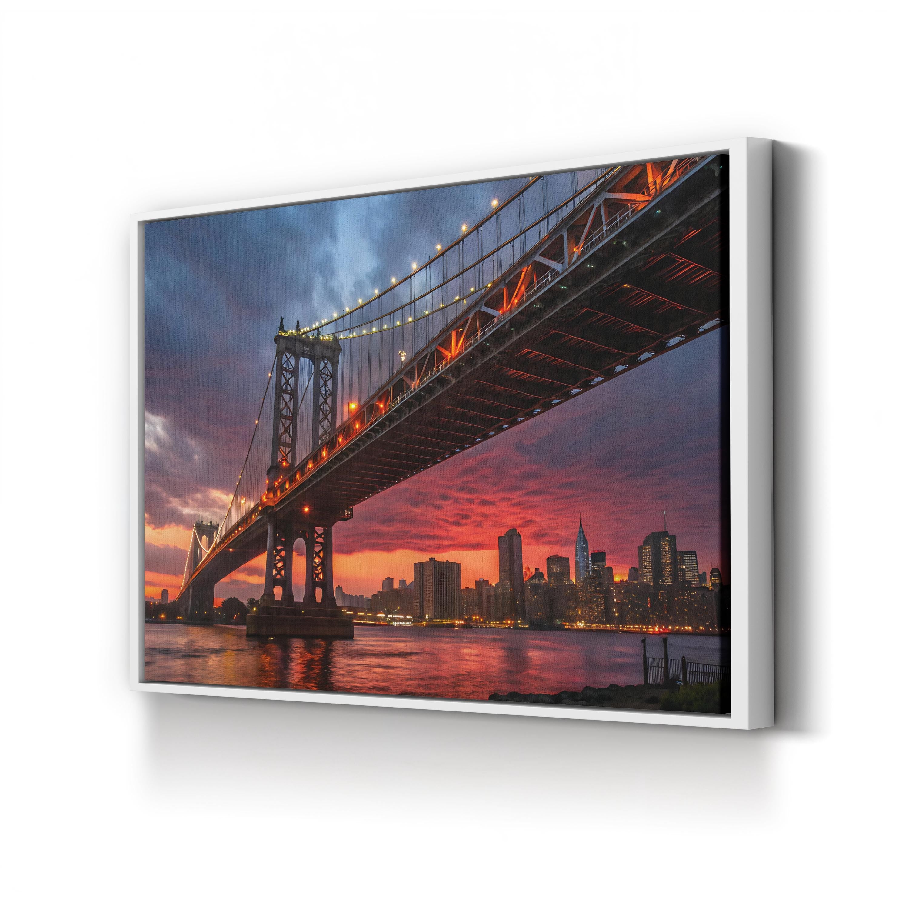 Manhattan Bridge Sunset — Manhattan Bridge & New York City Skyline Framed Canvas Wall Art