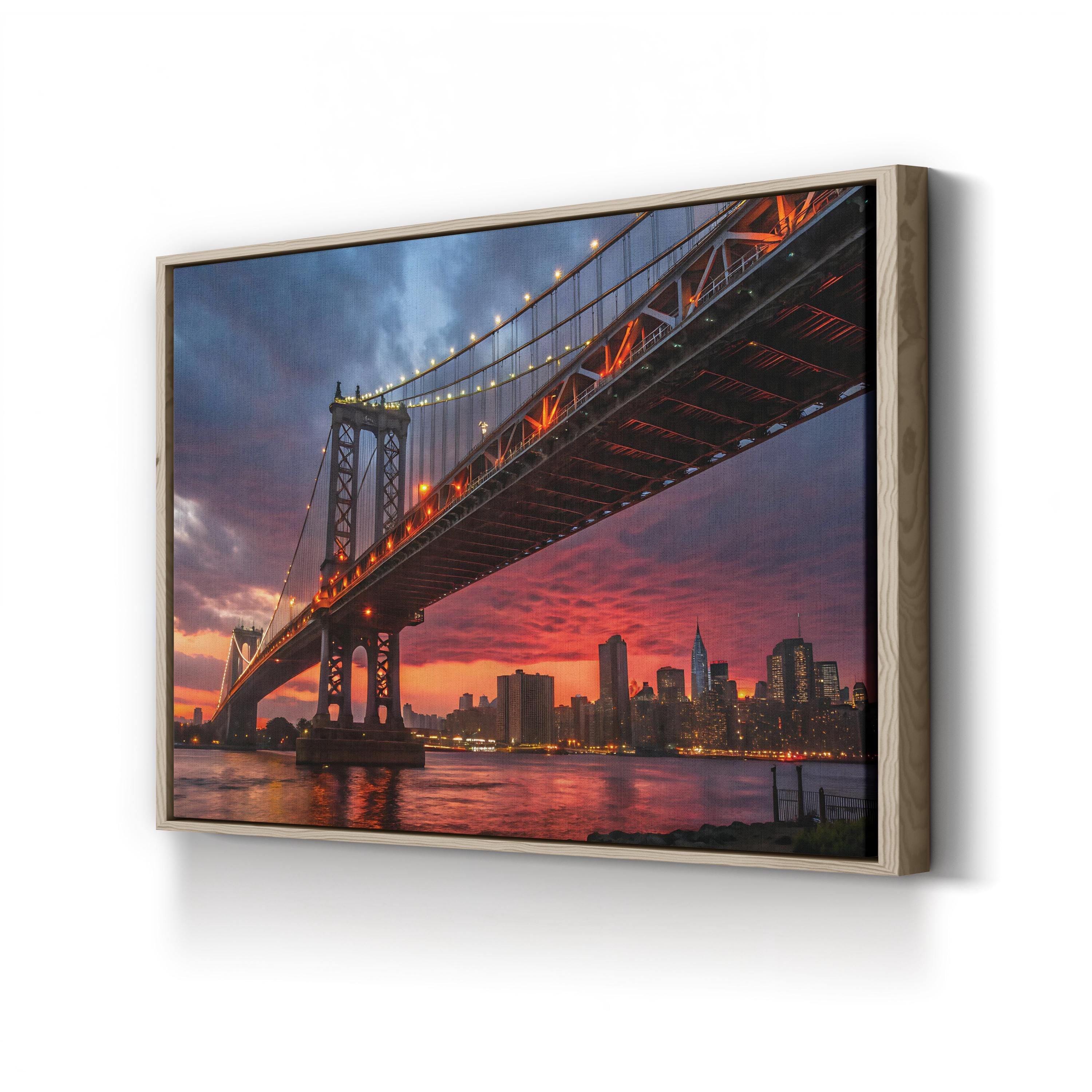 Manhattan Bridge Sunset — Manhattan Bridge & New York City Skyline Framed Canvas Wall Art
