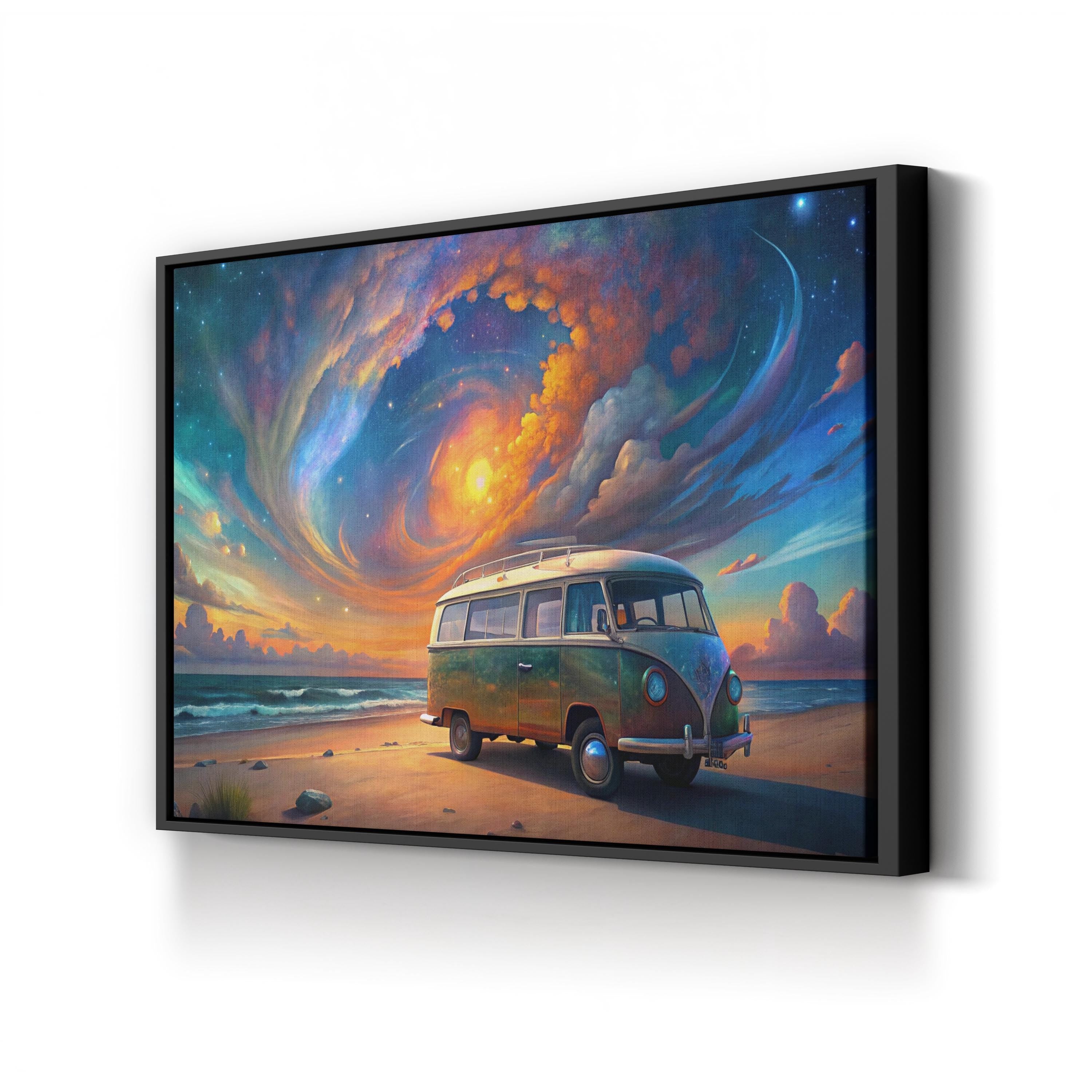 Van Life Beach Sunset – Period Illustration Wall Art | Coastal Landscape Canvas Print