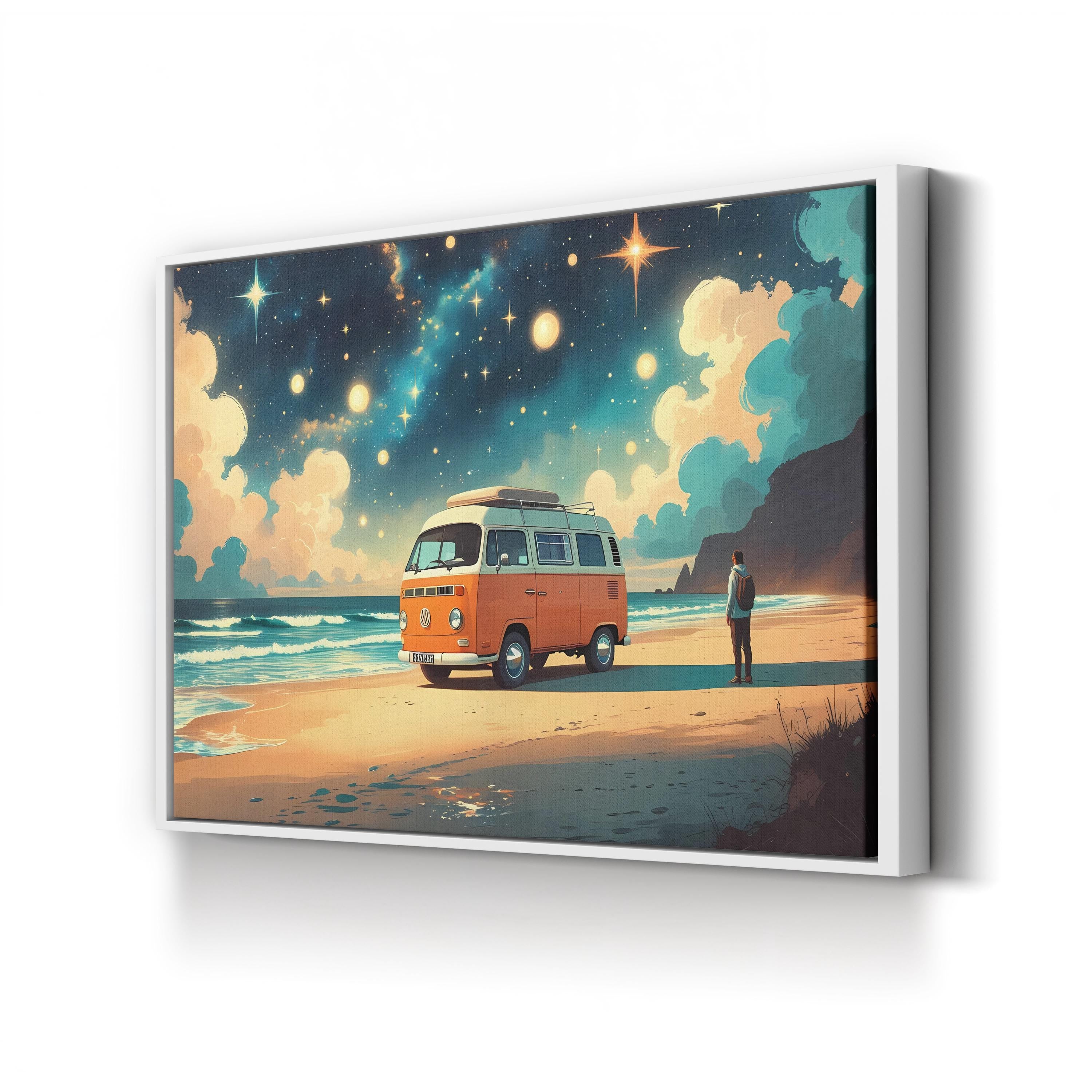 Retro Van Beach Sunset – Period Illustration Wall Art | Coastal Van Life Canvas Print