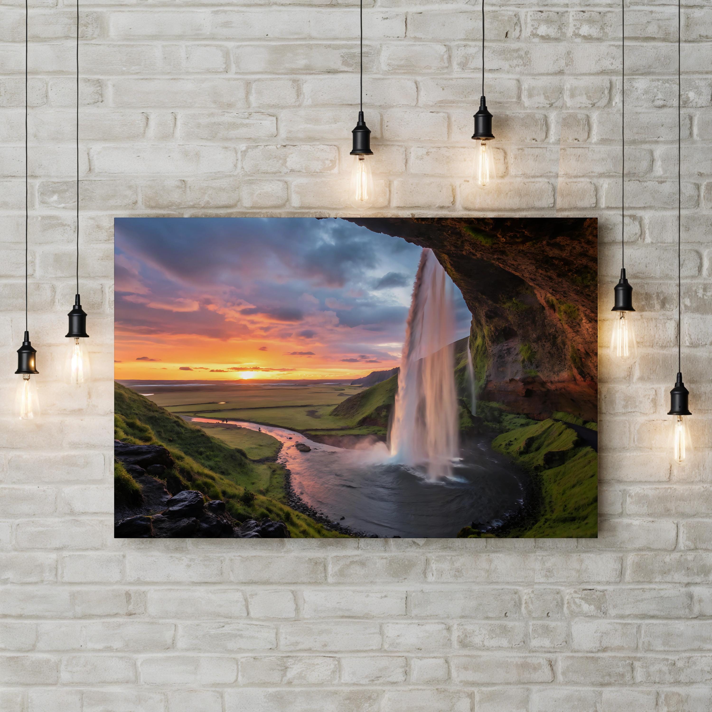 Fiery Waterfall Canvas Art — Dramatic Sunset Landscape Photography