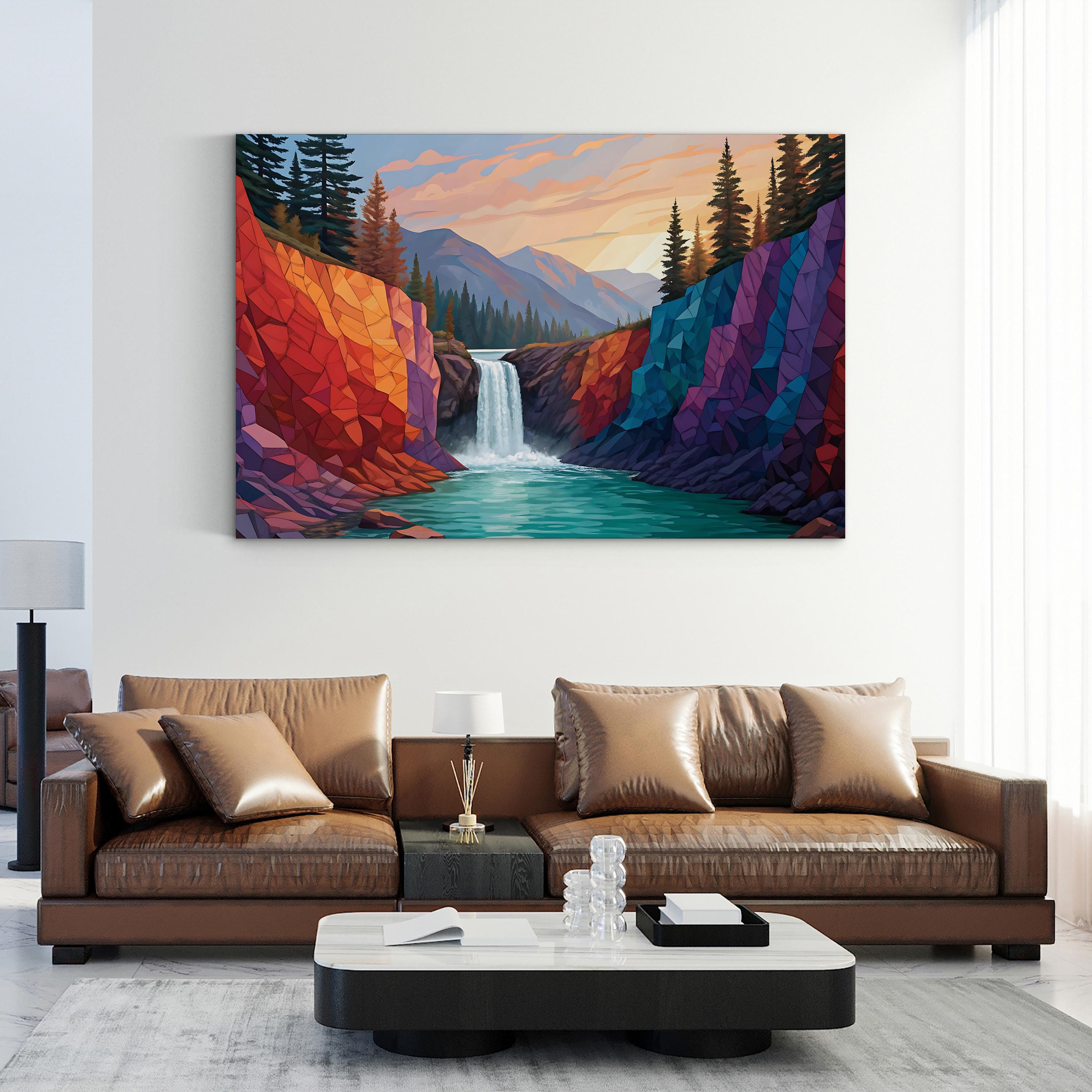 Geometric Waterfall – Period Illustration Wall Art | Abstract Landscape Canvas Print