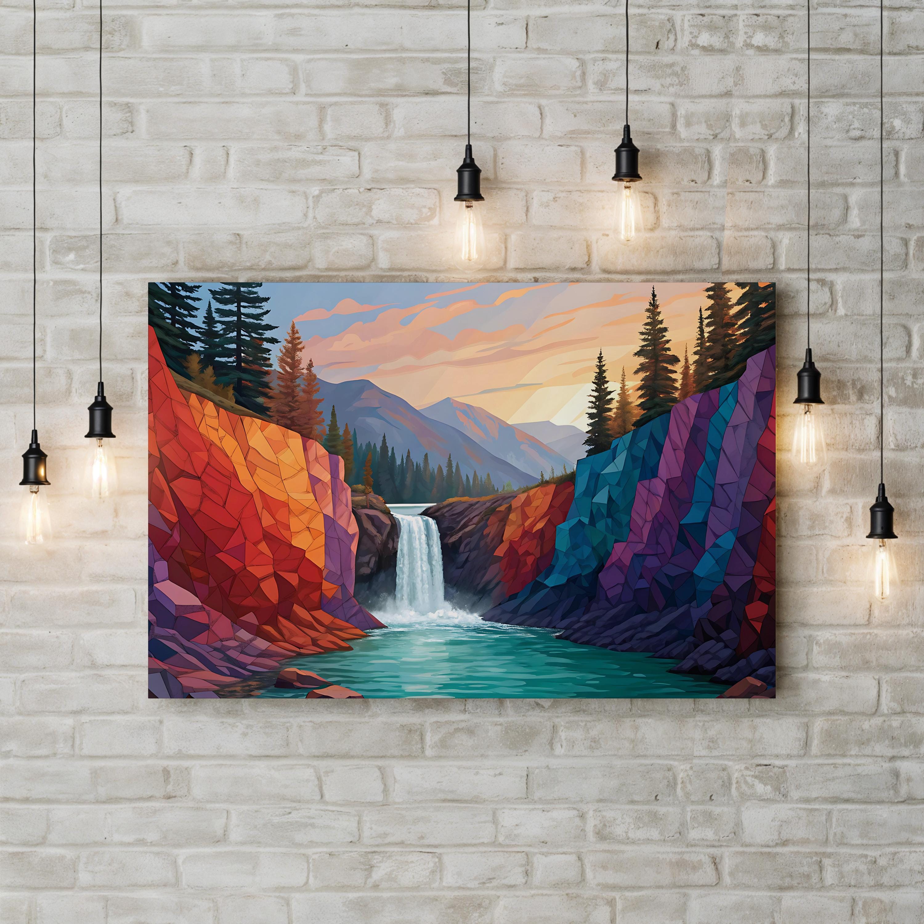 Geometric Waterfall – Period Illustration Wall Art | Abstract Landscape Canvas Print