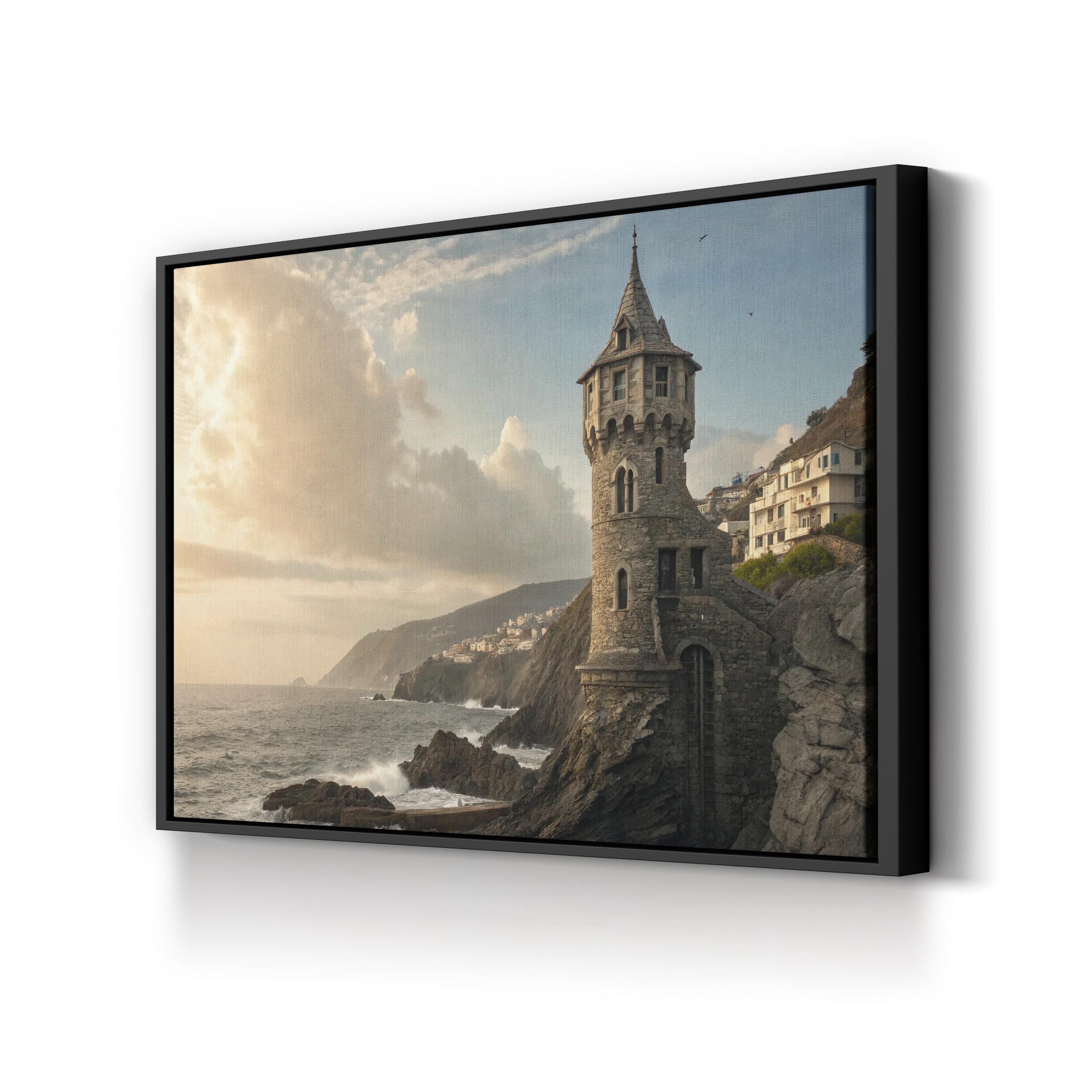 Whimsical Castle Coastal Canvas Wall Art — Storybook Beach Landscape Print