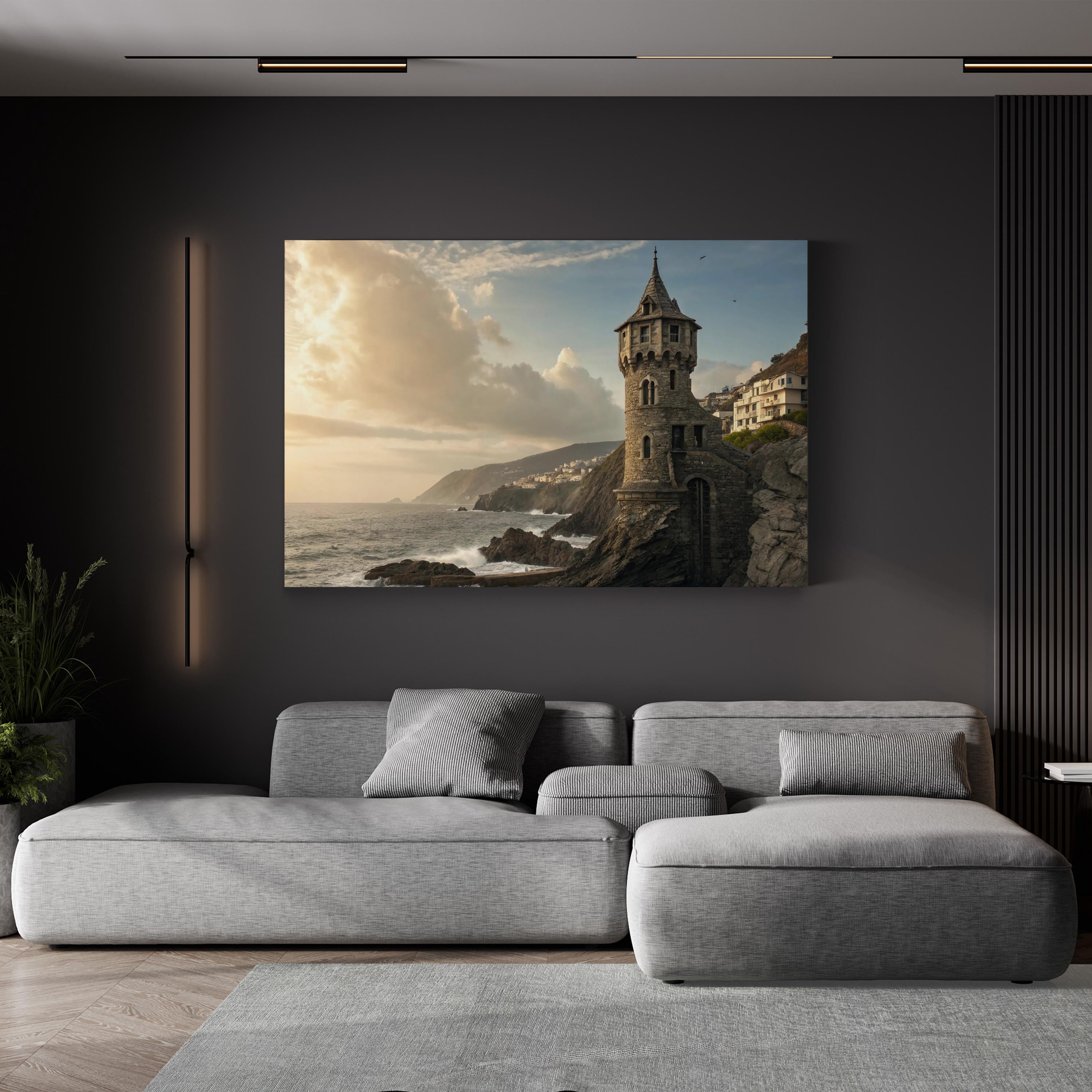 Whimsical Castle Coastal Canvas Wall Art — Storybook Beach Landscape Print