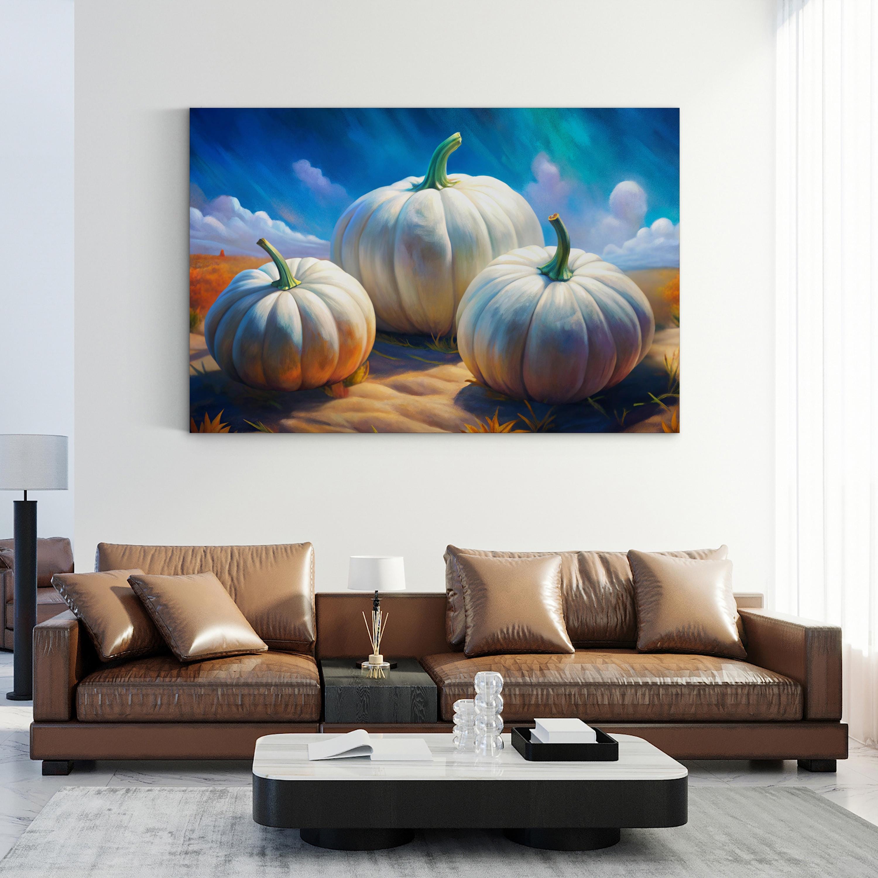 White Pumpkin Stack – Period Illustration Wall Art | Autumn Harvest Canvas Print