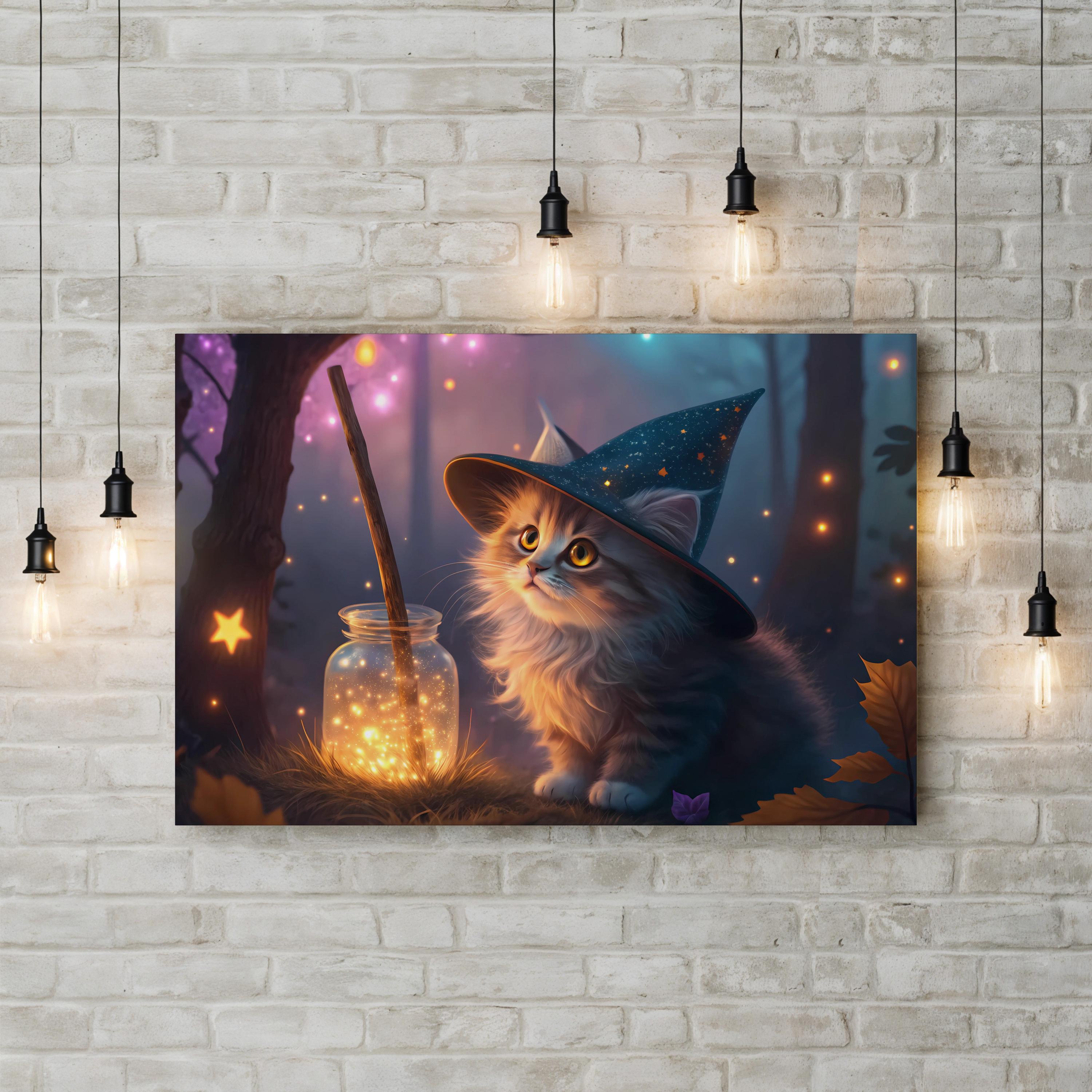 Witchy Cat Wizard Hat – Period Illustration Wall Art | Whimsical Fantasy Canvas Print