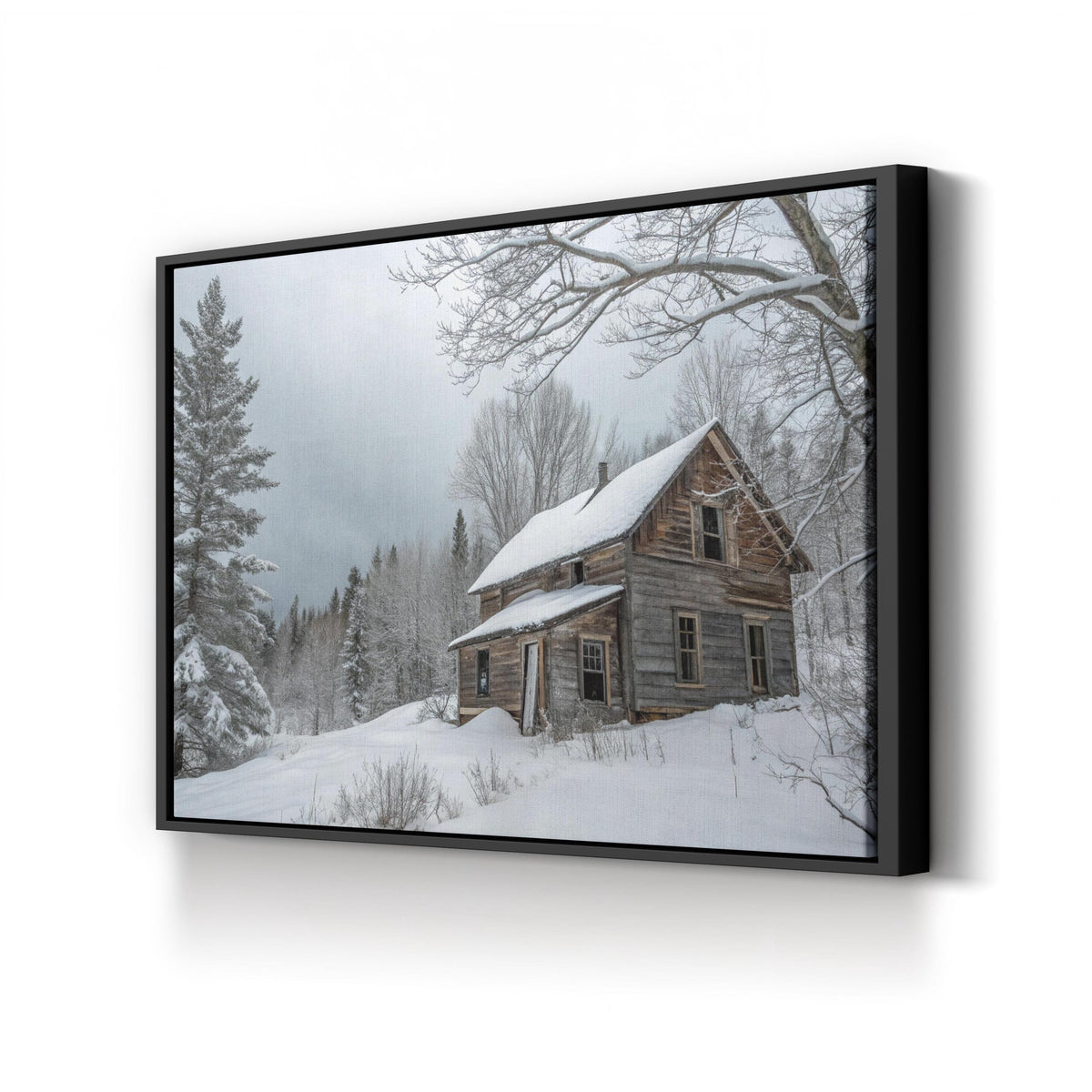 Snowbound Cabin in the Woods canvas print in Black Framed Canvas