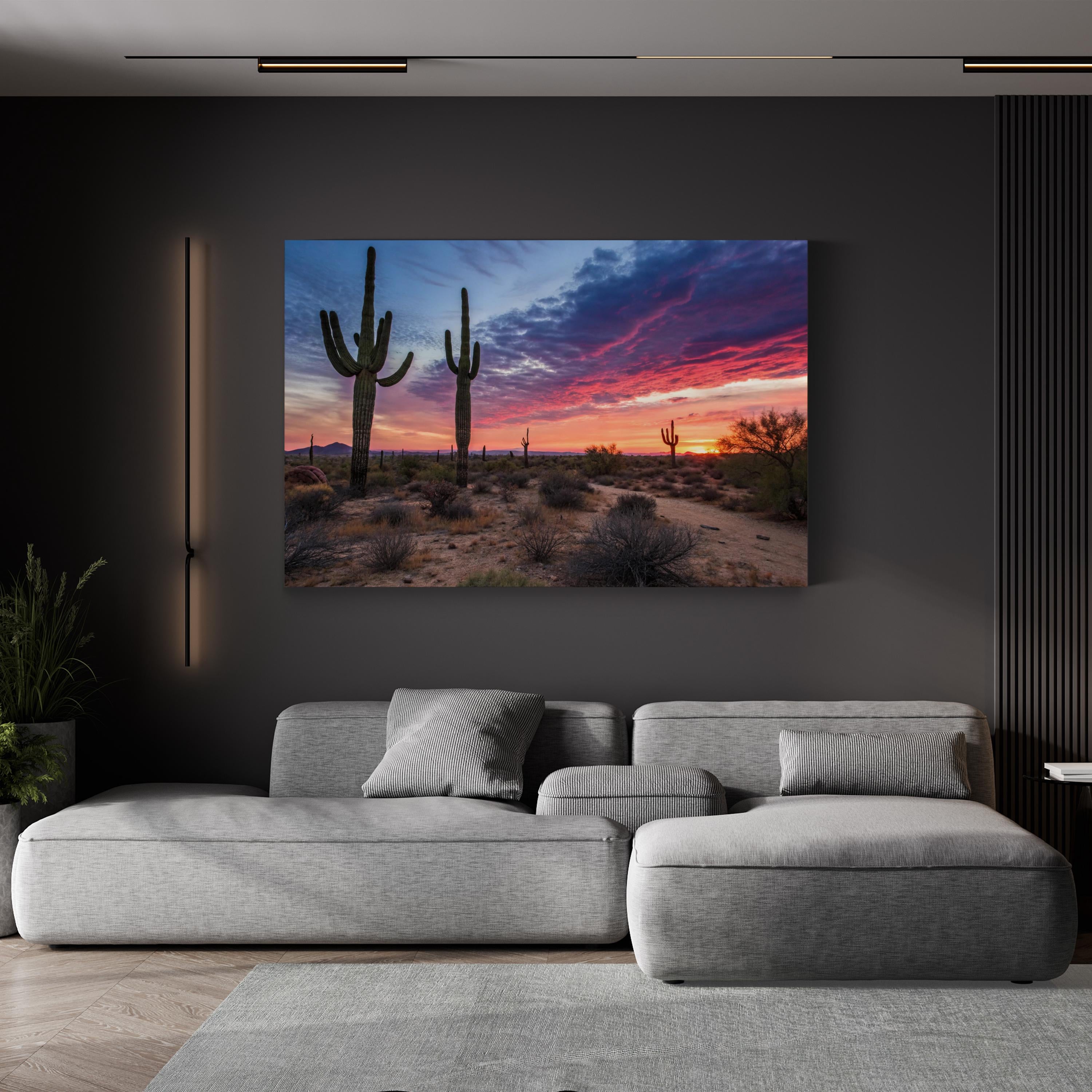 Arizona Desert Sunset Landscape – Vintage Photography Wall Art | Saguaro Cacti Canvas Print