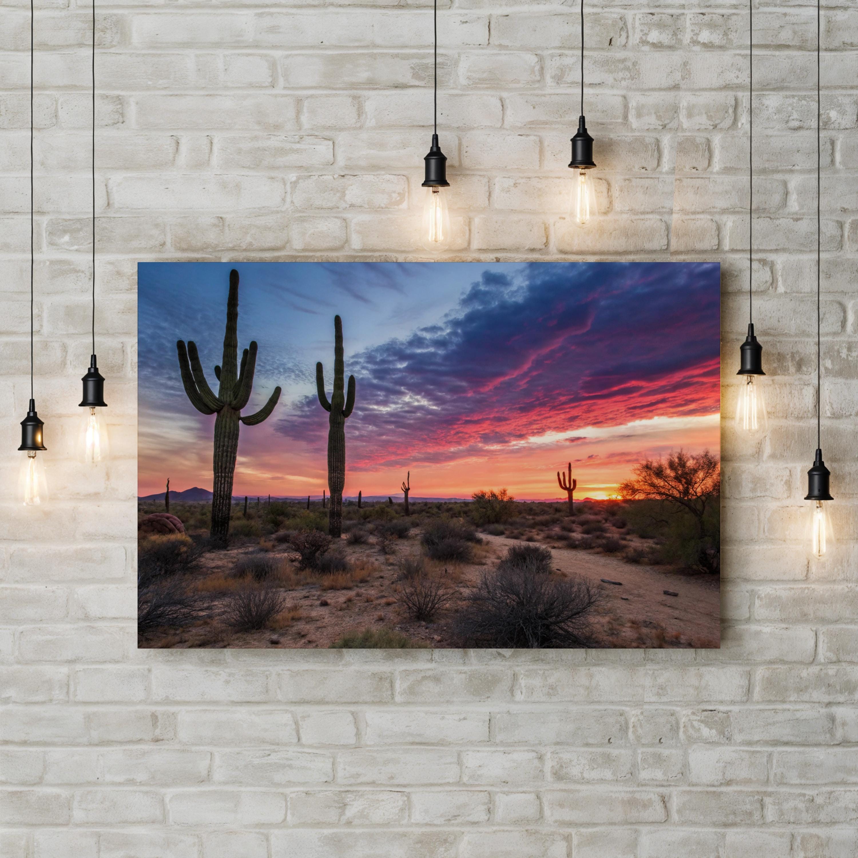 Arizona Desert Sunset Landscape – Vintage Photography Wall Art | Saguaro Cacti Canvas Print