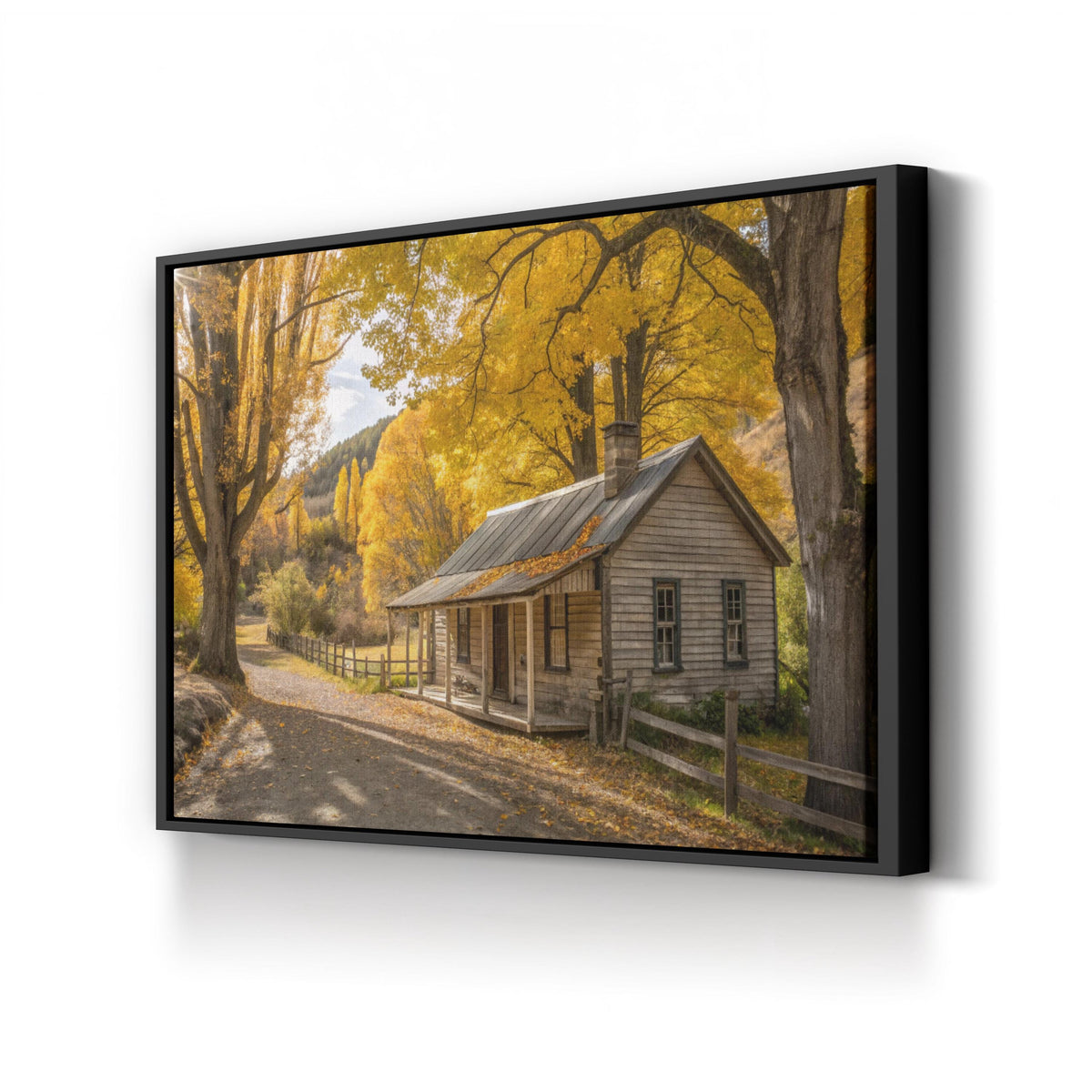 Arrowtown Autumn Cottage, Otago, New Zealand canvas print in a black frame