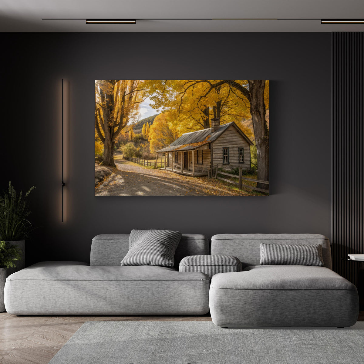 Arrowtown Autumn Cottage, Otago, New Zealand canvas print displayed in a modern living room