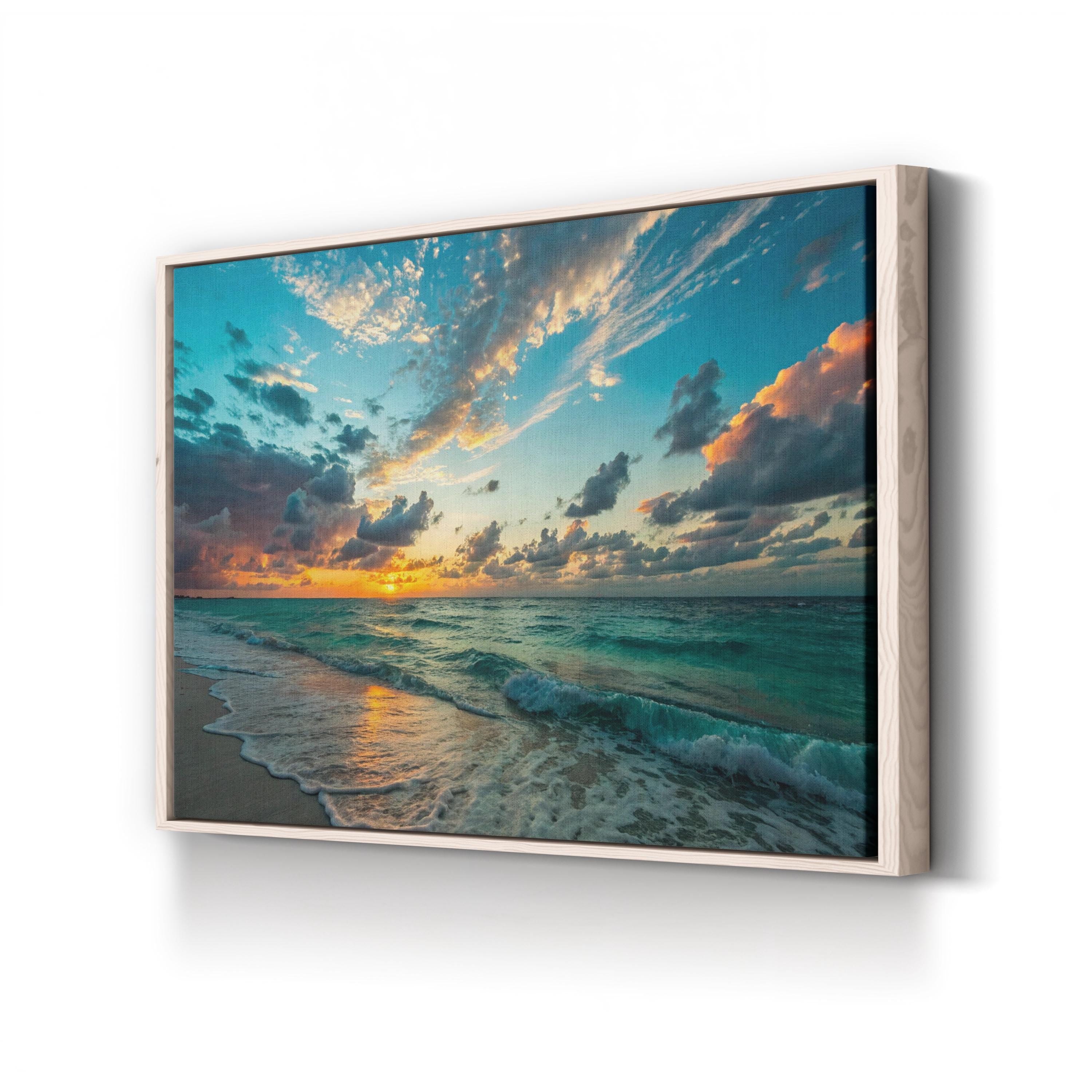 Ocean Sunset Canvas Wall Art – Azure Coastal Beach Landscape