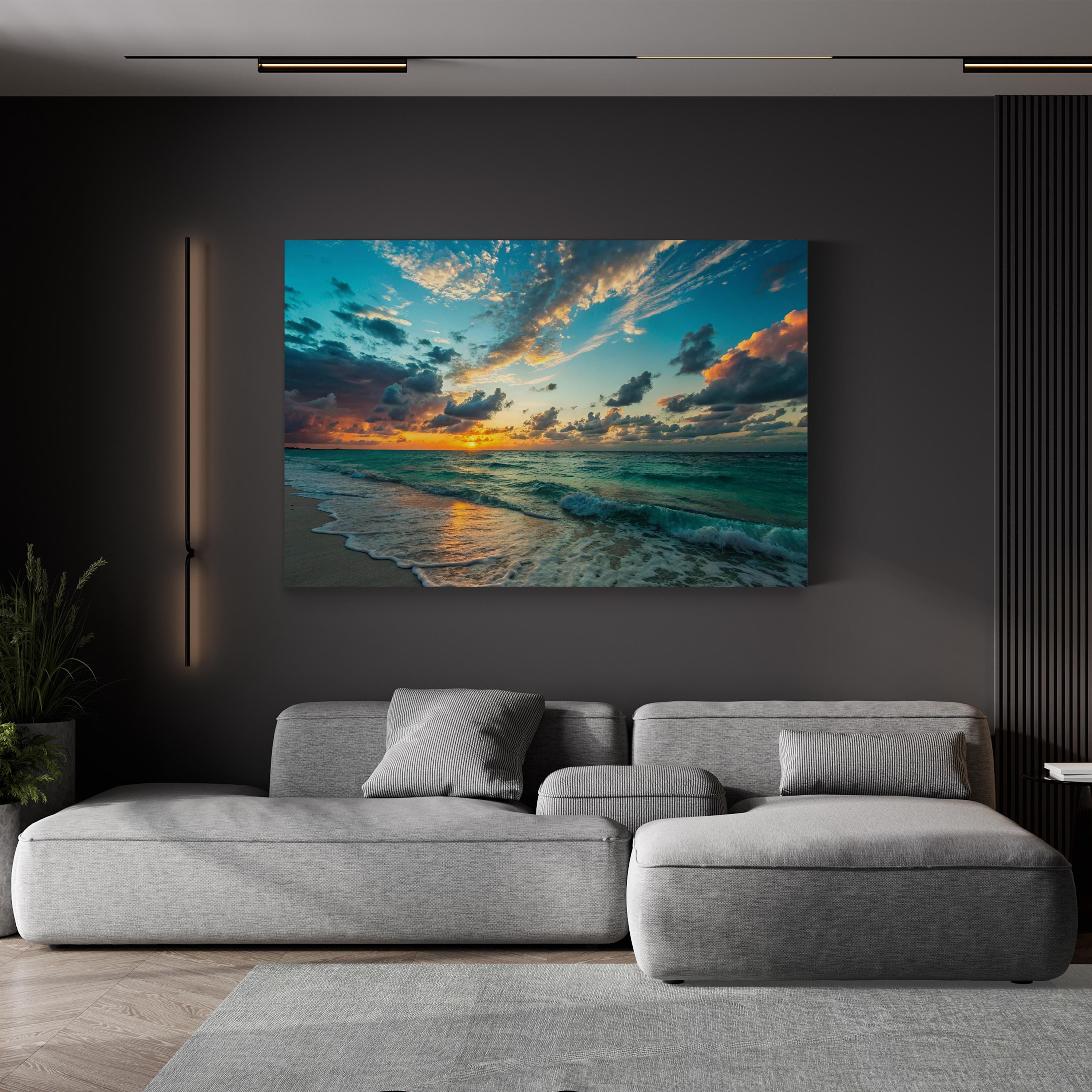 Ocean Sunset Canvas Wall Art – Azure Coastal Beach Landscape