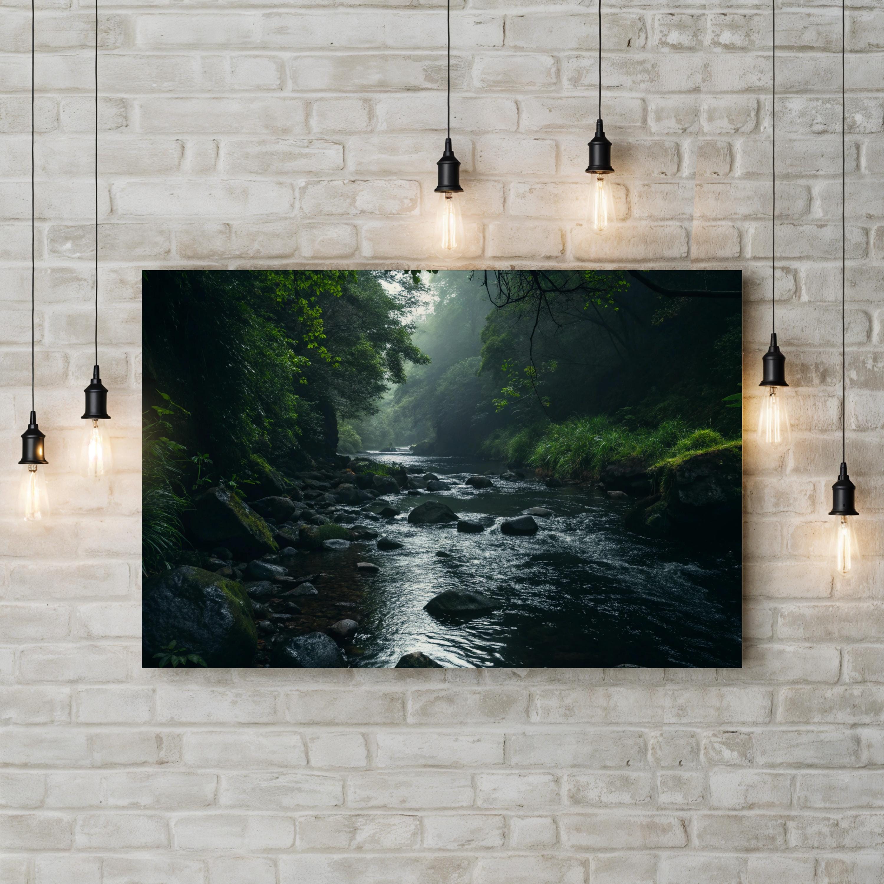 Black River Greenery Reflection – Vintage Photography Wall Art | Peaceful Nature Canvas Print