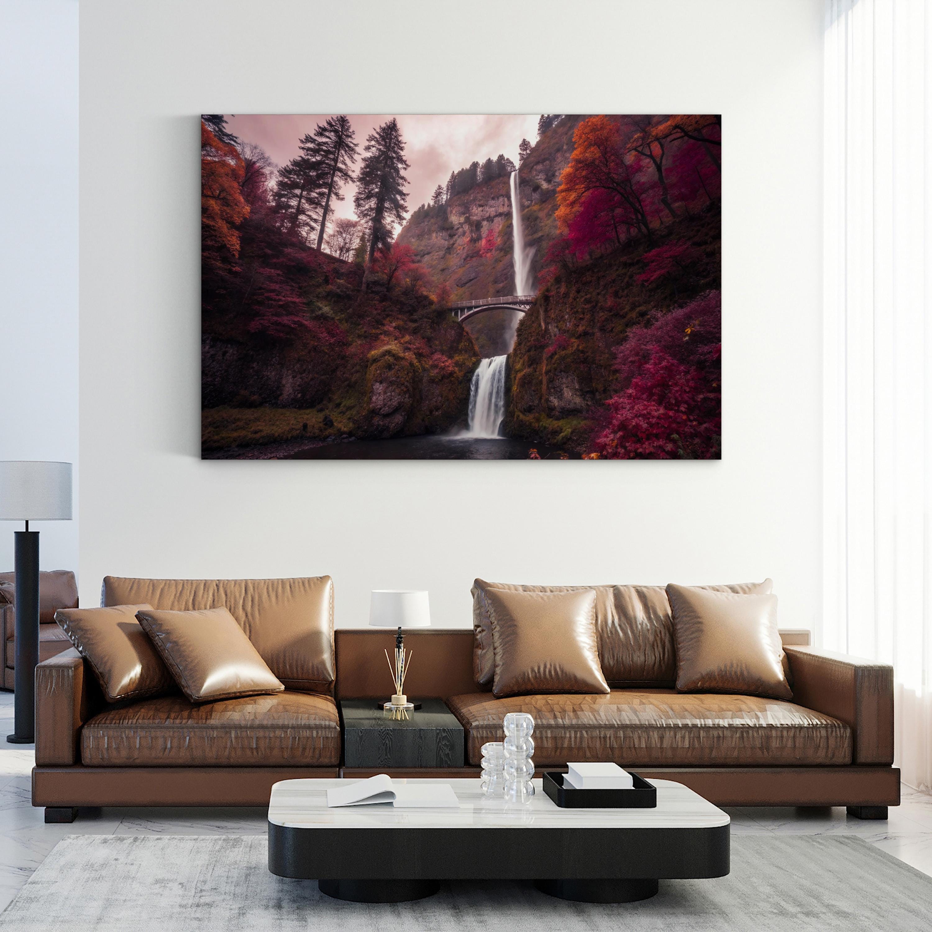 Autumn Waterfall Canvas Art — Colorful Foliage Landscape Photography
