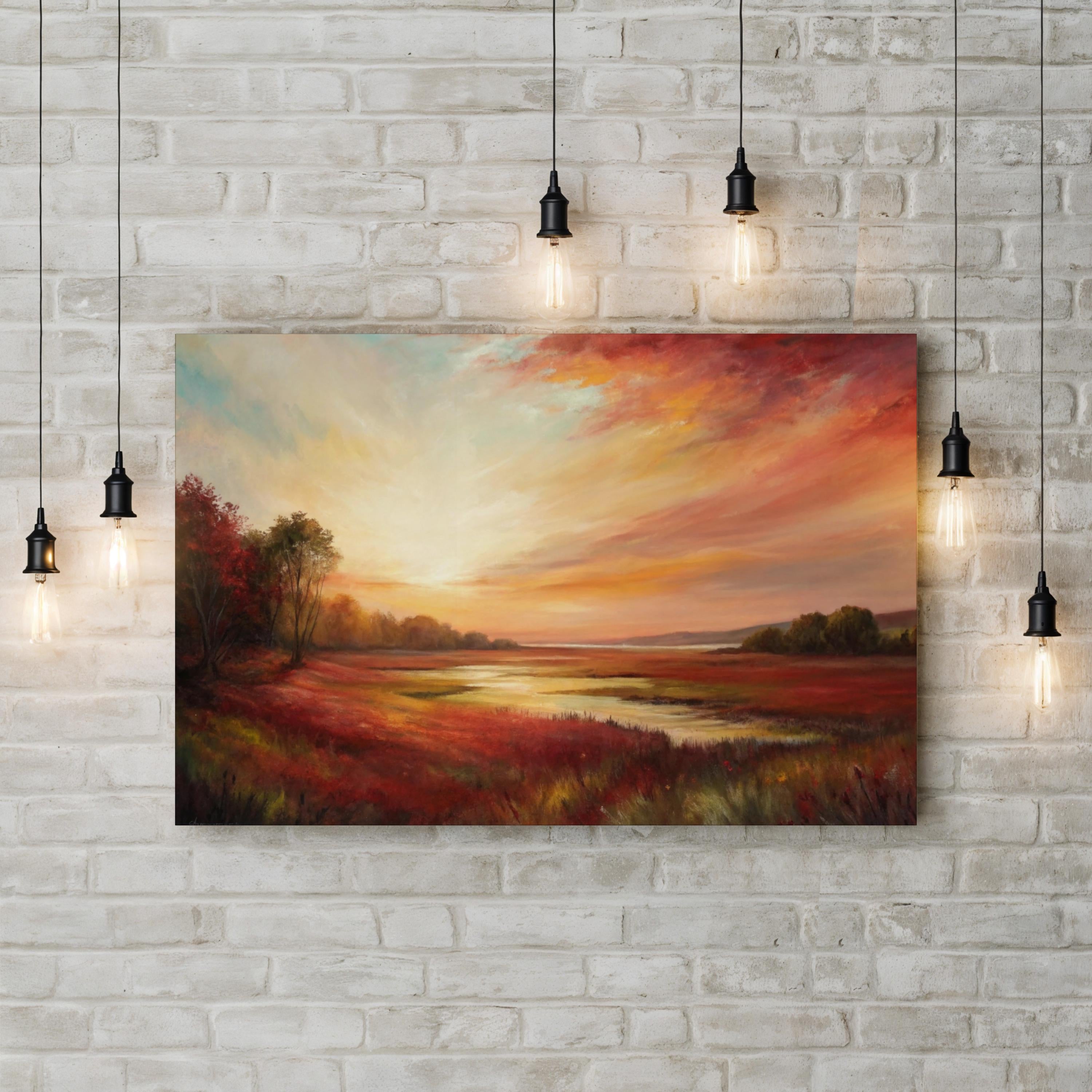 Sunset River Evening Glow – Period Illustration Wall Art | Tranquil Landscape Canvas Print