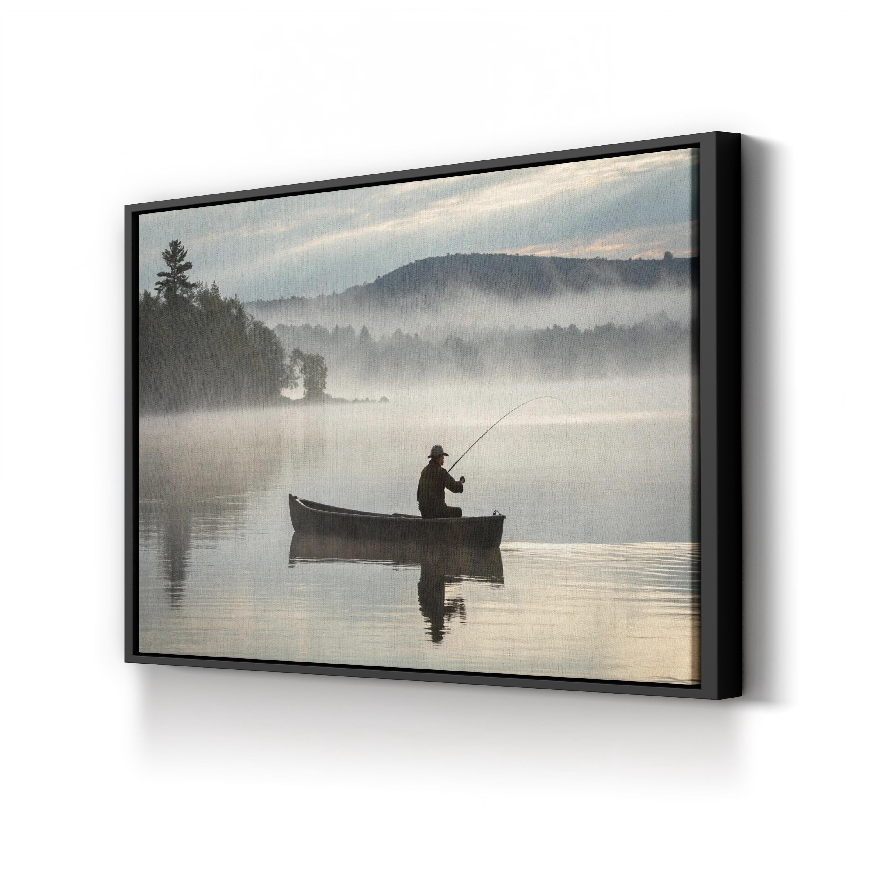 Misty Lake Fishing Boat — Serene Cabin Landscape Canvas Wall Art