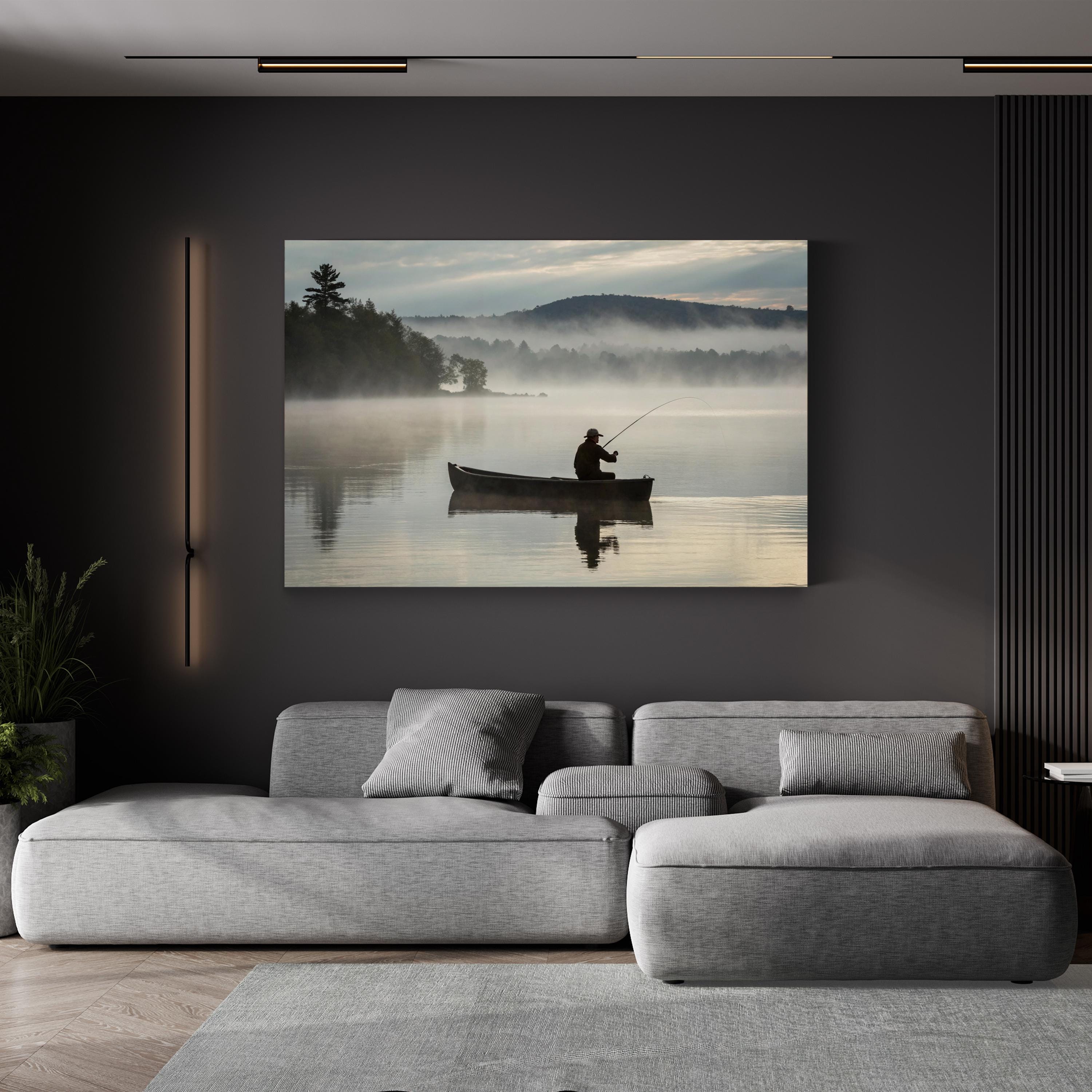 Misty Lake Fishing Boat — Serene Cabin Landscape Canvas Wall Art