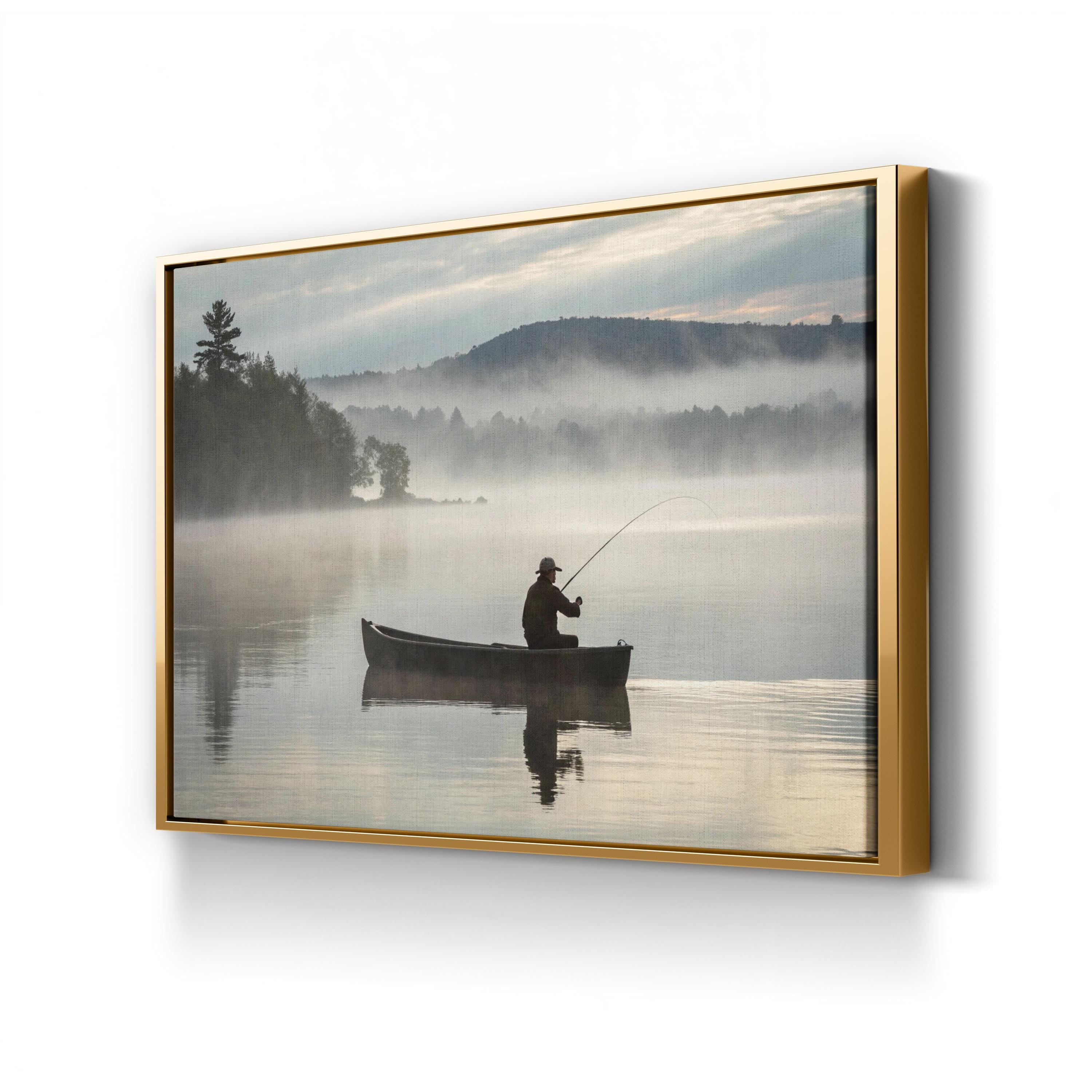 Misty Lake Fishing Boat — Serene Cabin Landscape Canvas Wall Art